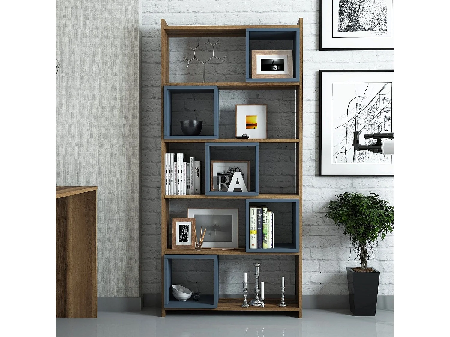 Boekenkast – 80 x 170 x 22 cm – Walnoot en Chalcedoon – Melamine