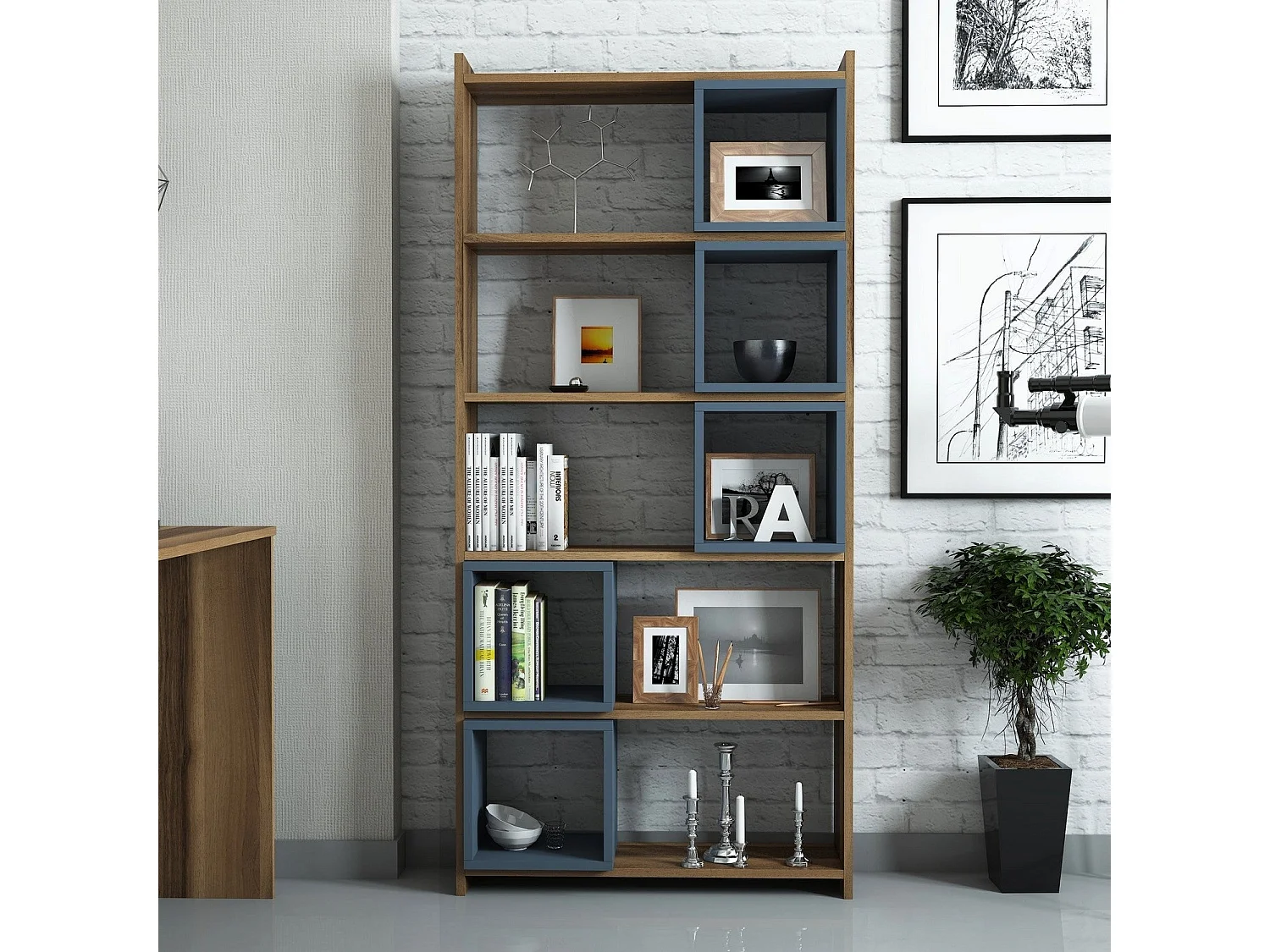 Boekenkast – 80 x 170 x 22 cm – Walnoot en Chalcedoon – Melamine