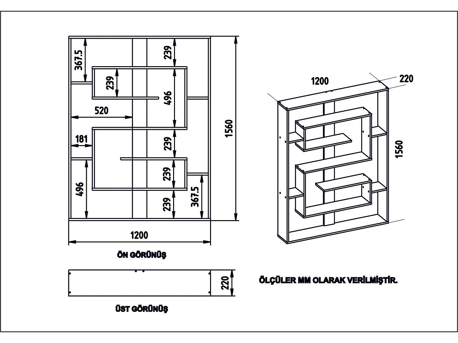Estantería Kailua 1076, Abierta sin pared trasera, Aglomerado laminado, 156x120x22cm