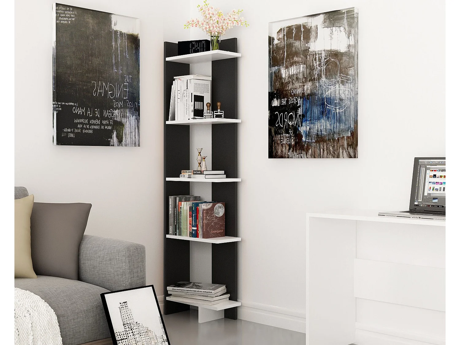 Estante de parede moderna, preta e branca, 45 x 170 x 22 cm | Painel de partículas 100% revestido de melamina, 18 mm de espessura | Solução