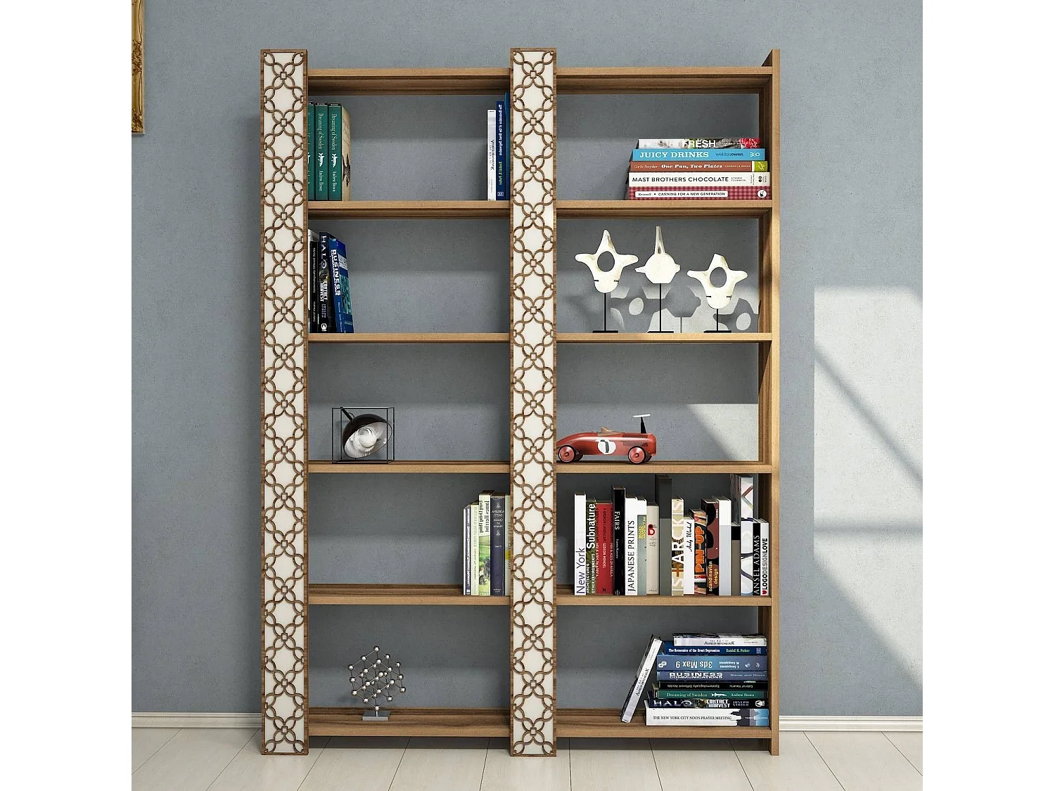 Étagère bibliothèque 2 rangées Oppidanus L124cm Bois Naturel et Blanc créme