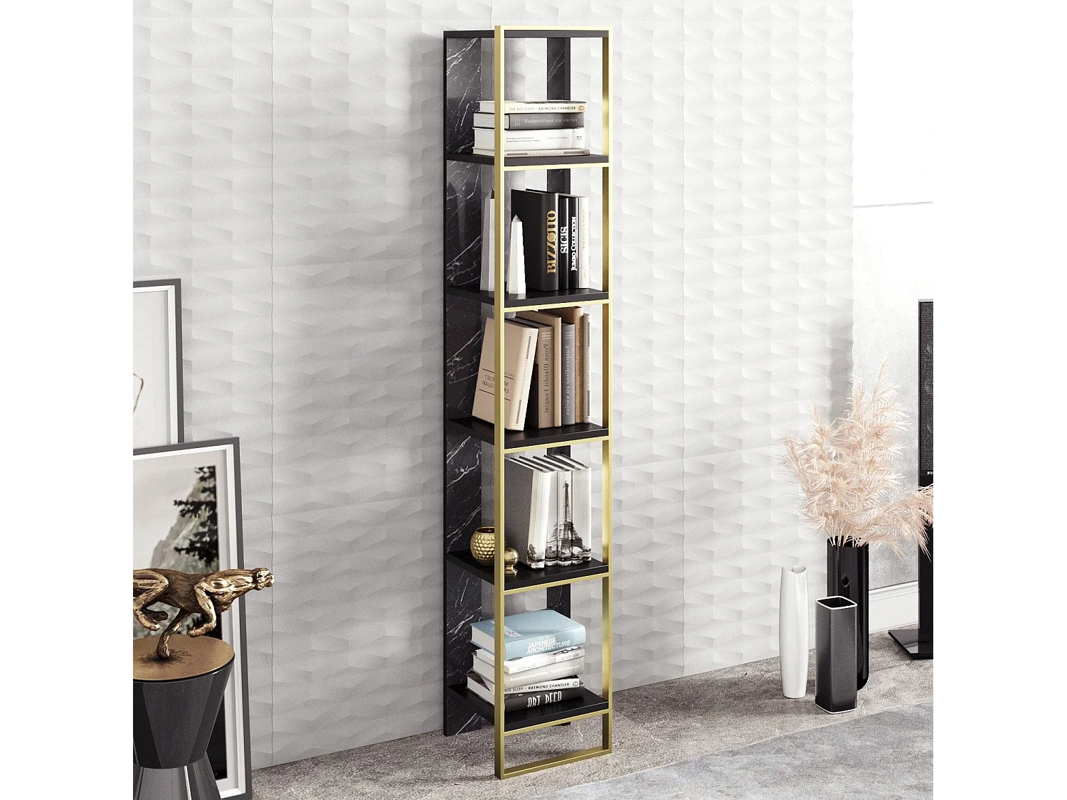 Estante Barroca Elegante, Dourada e Preta, 32,2 x 178,5 x 31,3 cm | Painel de Partículas 100% Revestido com Melamina, 18 mm de Espessura | S