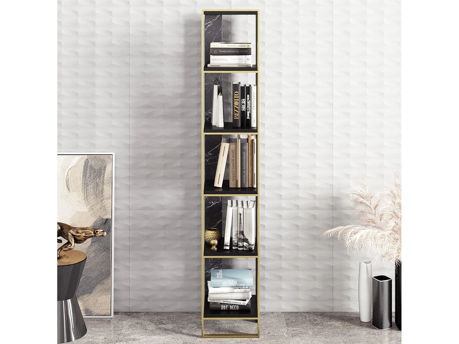 Estante Barroca Elegante, Dourada e Preta, 32,2 x 178,5 x 31,3 cm | Painel de Partículas 100% Revestido com Melamina, 18 mm de Espessura | S