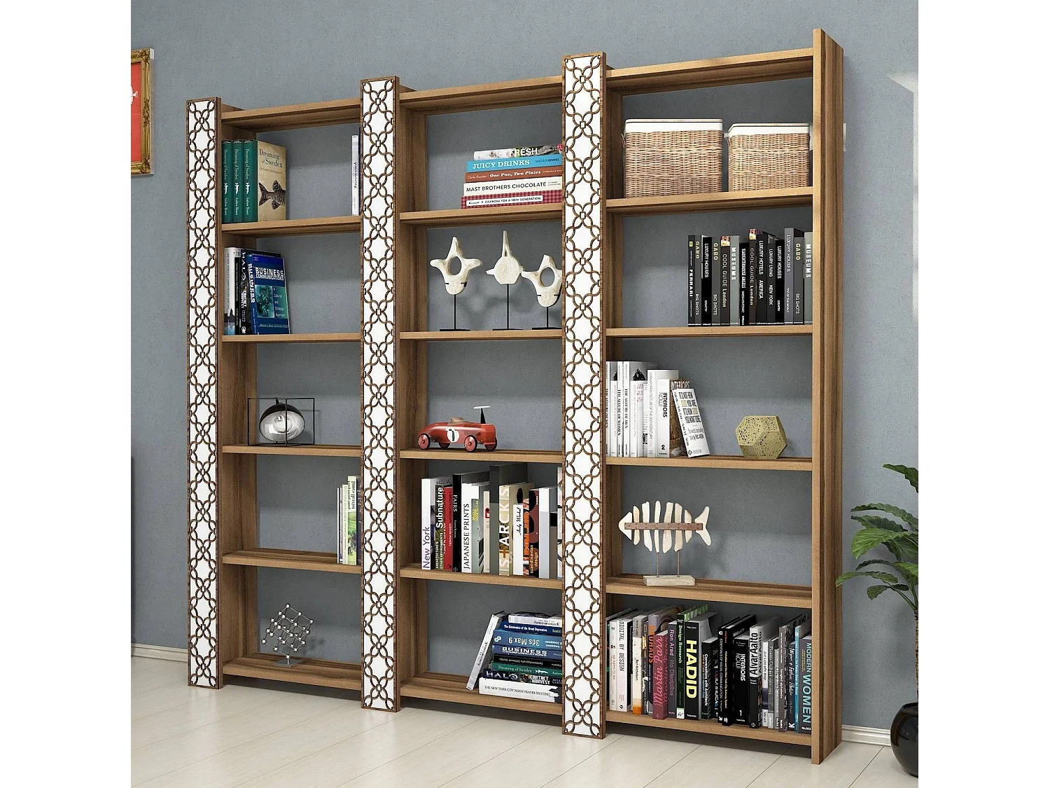 Étagère bibliothèque 3 rangées Oppidanus L184cm Bois Naturel et Blanc