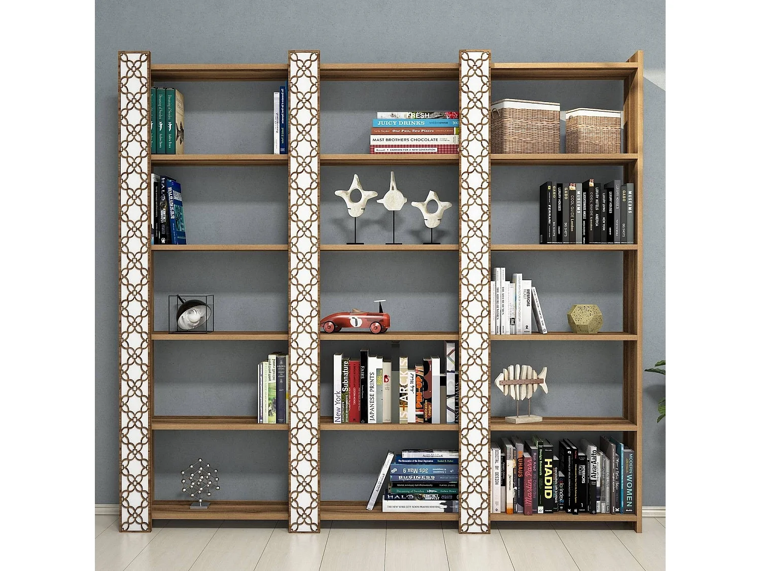 Étagère bibliothèque 3 rangées Oppidanus L184cm Bois Naturel et Blanc