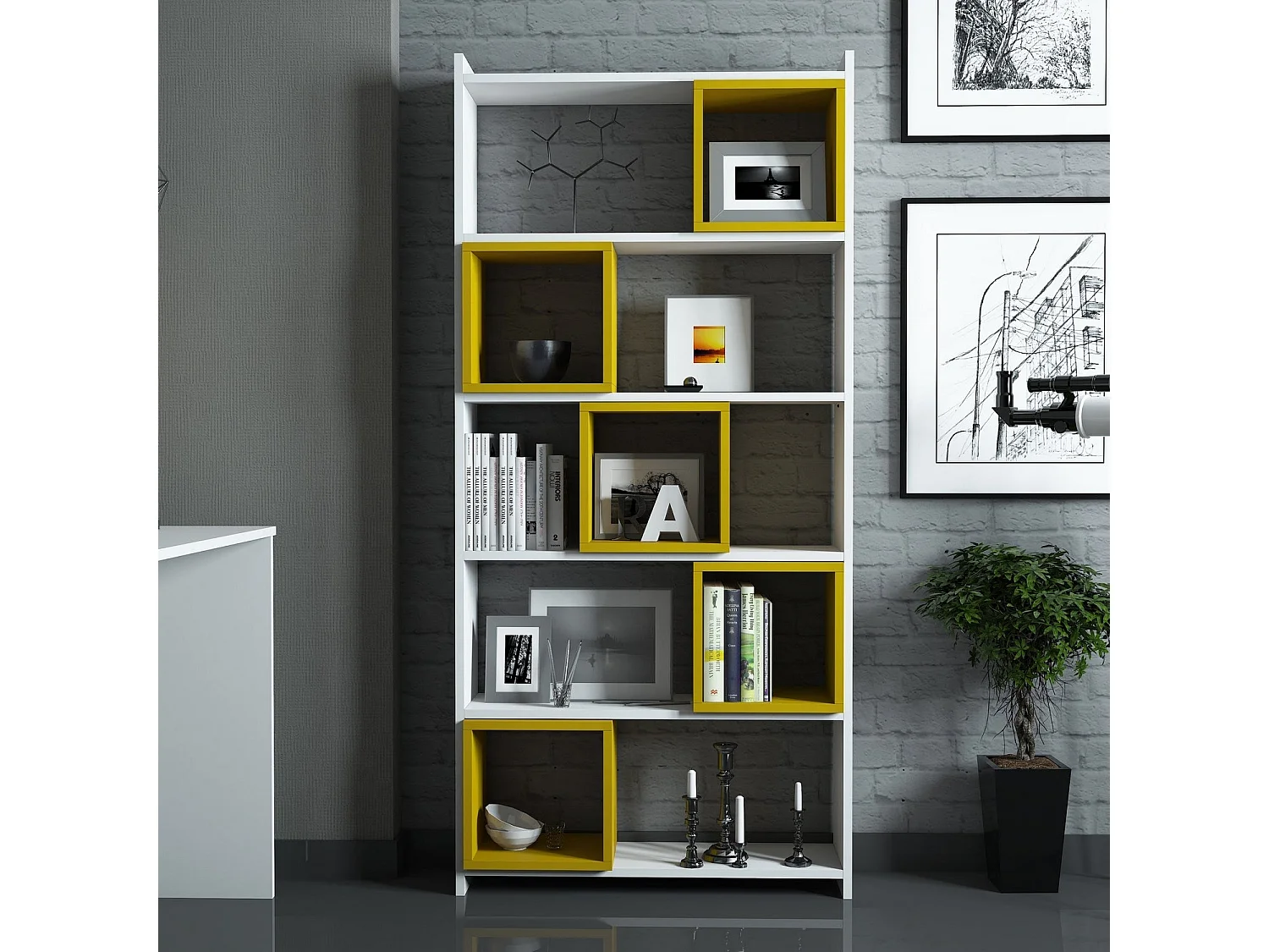 Estante de parede – 80 x 170 x 22 cm – Branco e amarelo – Painéis de partículas revestido em melamina