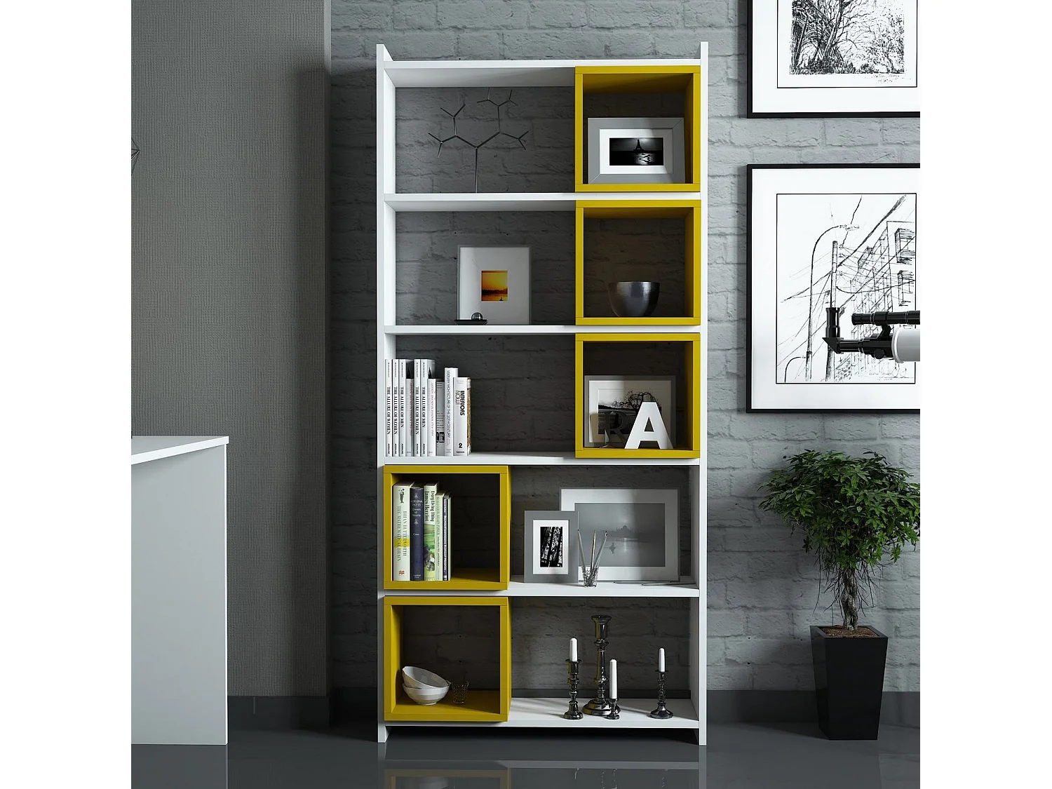 Estante de parede – 80 x 170 x 22 cm – Branco e amarelo – Painéis de partículas revestido em melamina