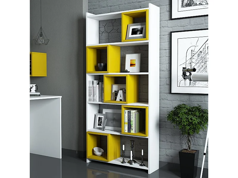 Estante de parede – 80 x 170 x 22 cm – Branco e amarelo – Painéis de partículas revestido em melamina