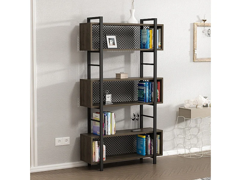 Estantería Kailua 1702, Abierto, Metal|Aglomerado laminado, 160x90x25cm, Nogal|Negro