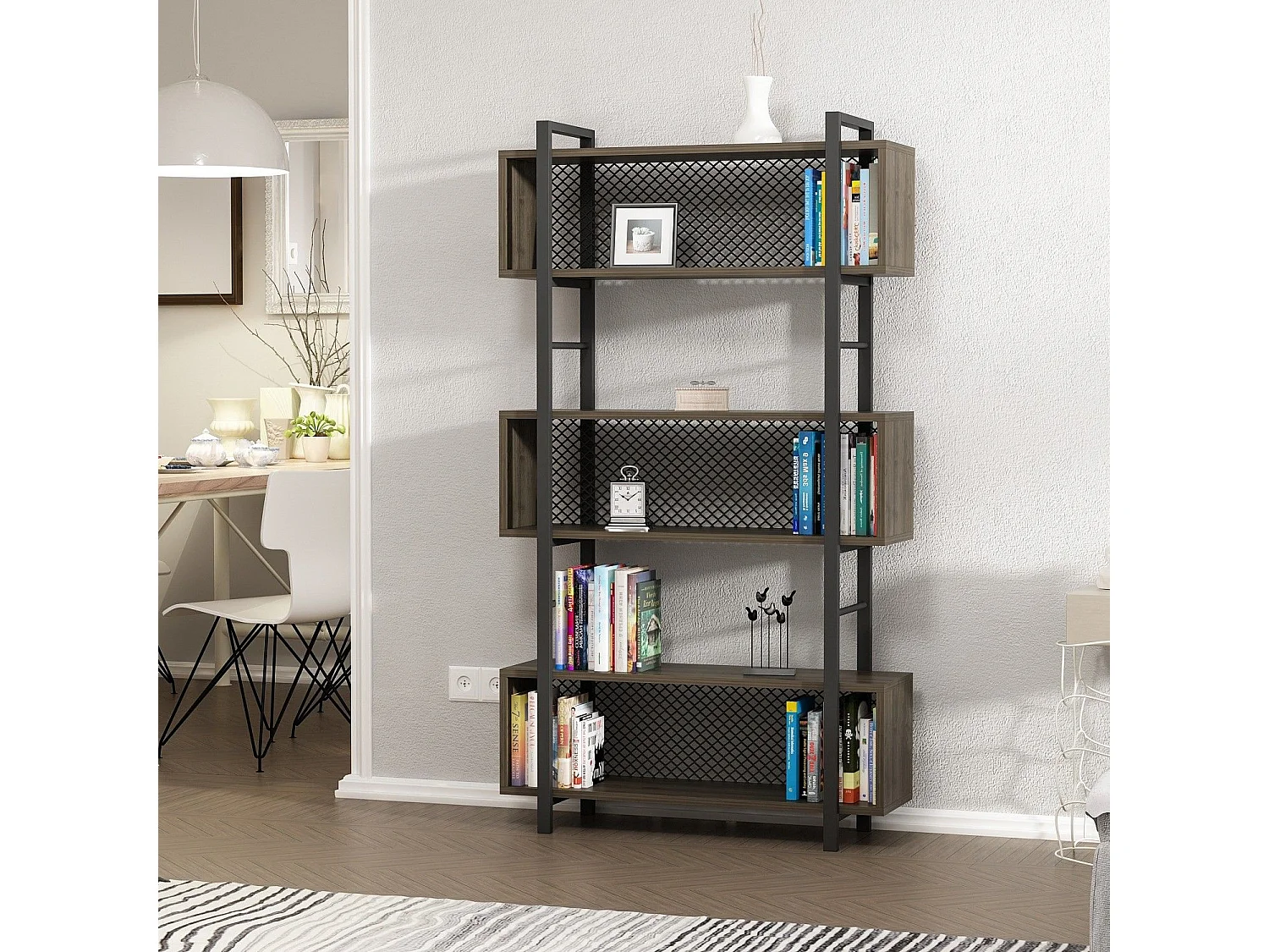 Étagère bibliothèque style industriel Mobilis L90xH160cm Bois foncé et Métal Noir