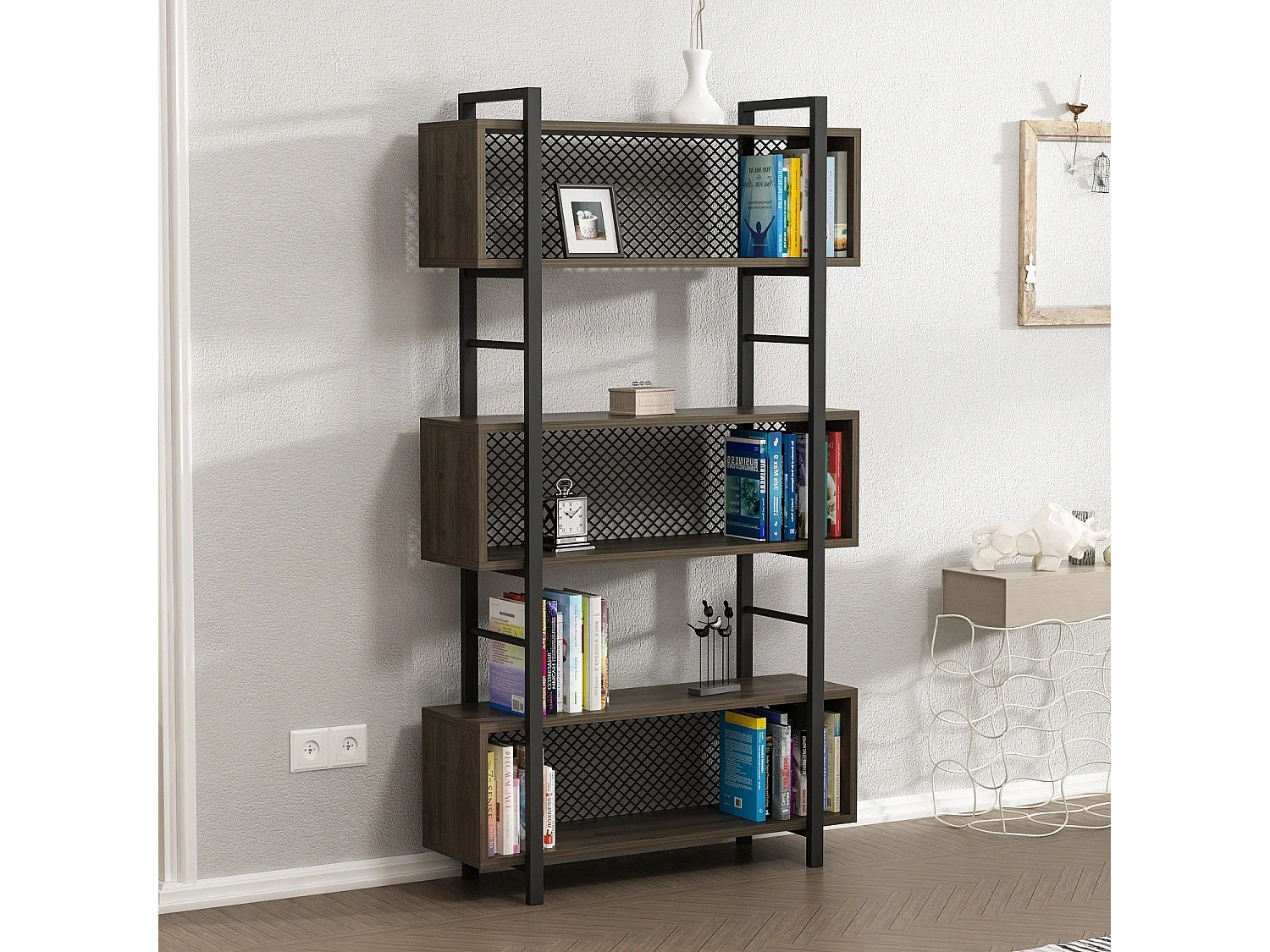 Étagère bibliothèque style industriel Mobilis L90xH160cm Bois foncé et Métal Noir