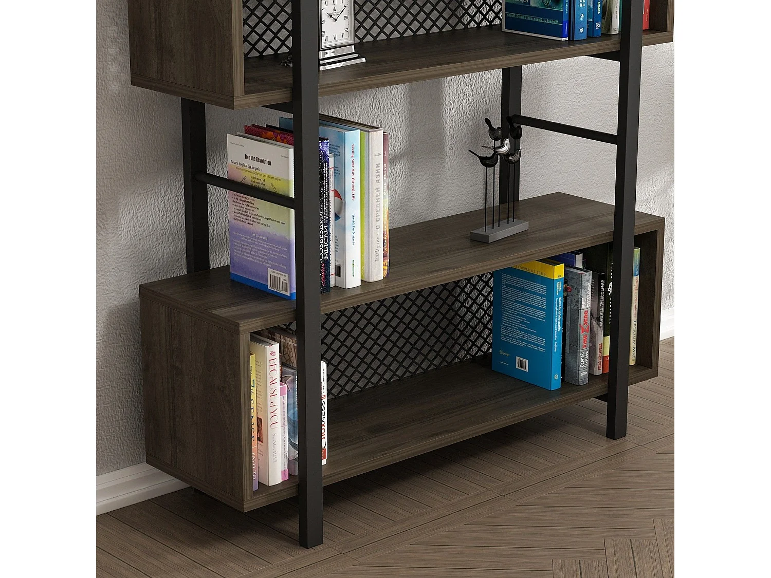 Étagère bibliothèque style industriel Mobilis L90xH160cm Bois foncé et Métal Noir