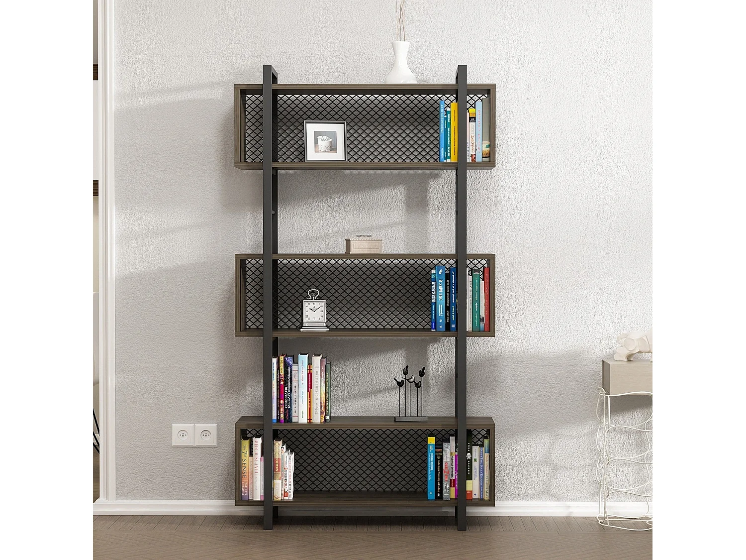 Étagère bibliothèque style industriel Mobilis L90xH160cm Bois foncé et Métal Noir