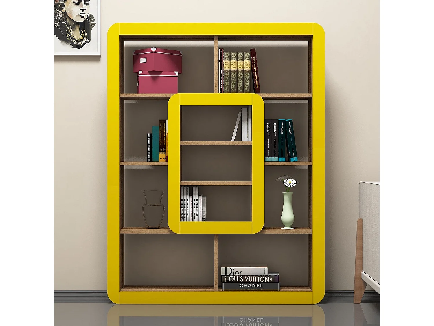 Estante de Livros – 108,4 x 140 x 21,8 cm – Nogueira e Amarelo – Painel de partículas revestido de melamina