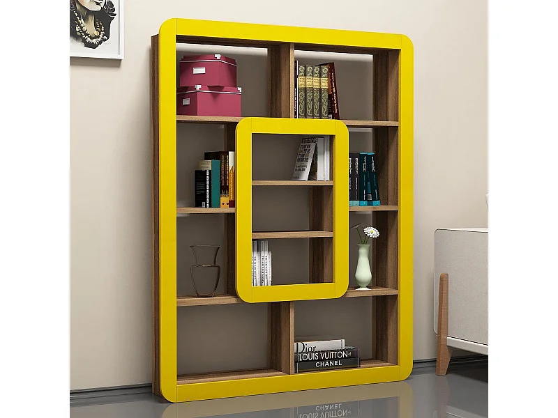 Estante de Livros – 108,4 x 140 x 21,8 cm – Nogueira e Amarelo – Painel de partículas revestido de melamina