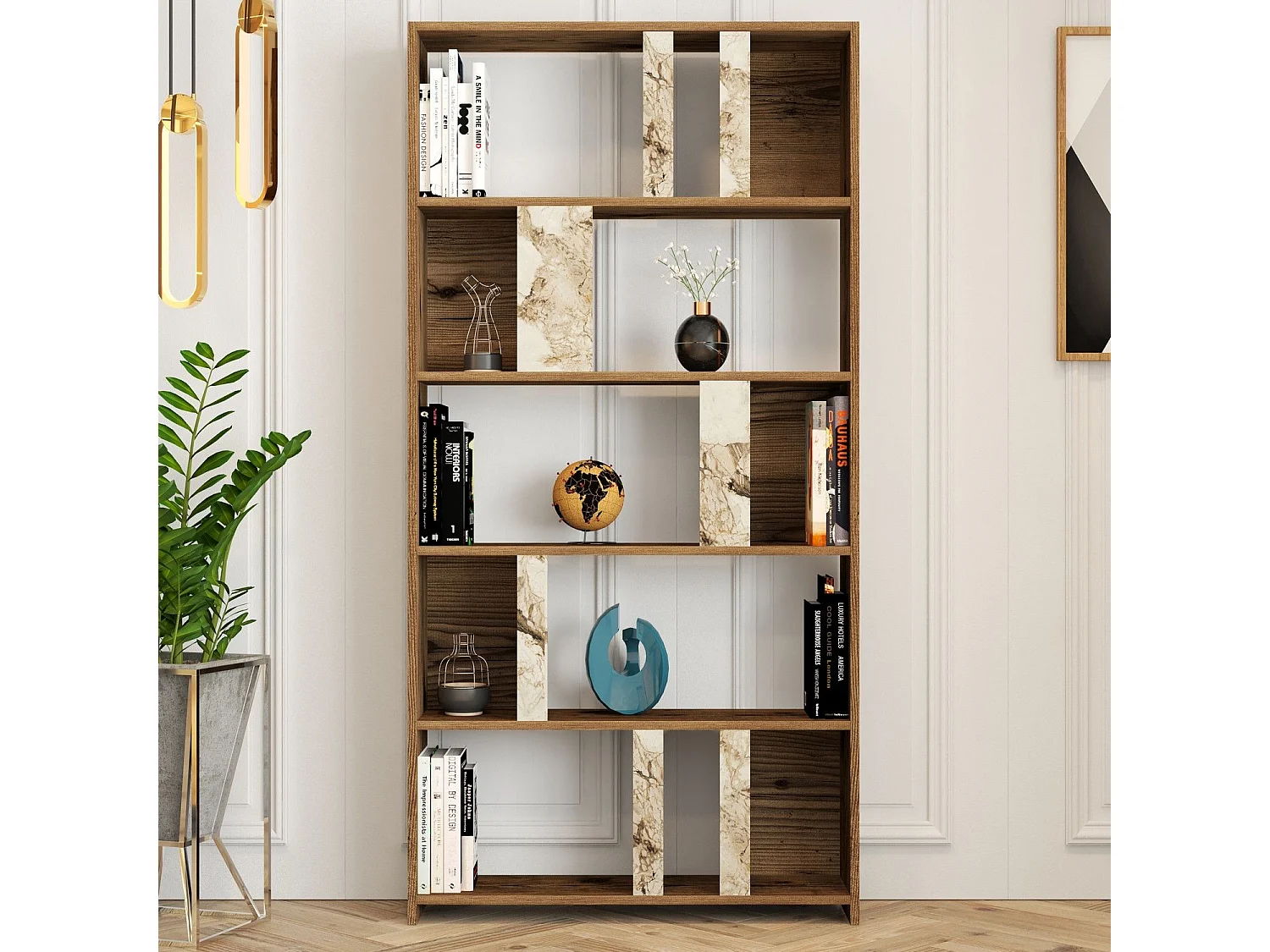 Librería moderna – 90 x 180 x 20 cm – Nogal y Blanco – MDF recubierto de melamina