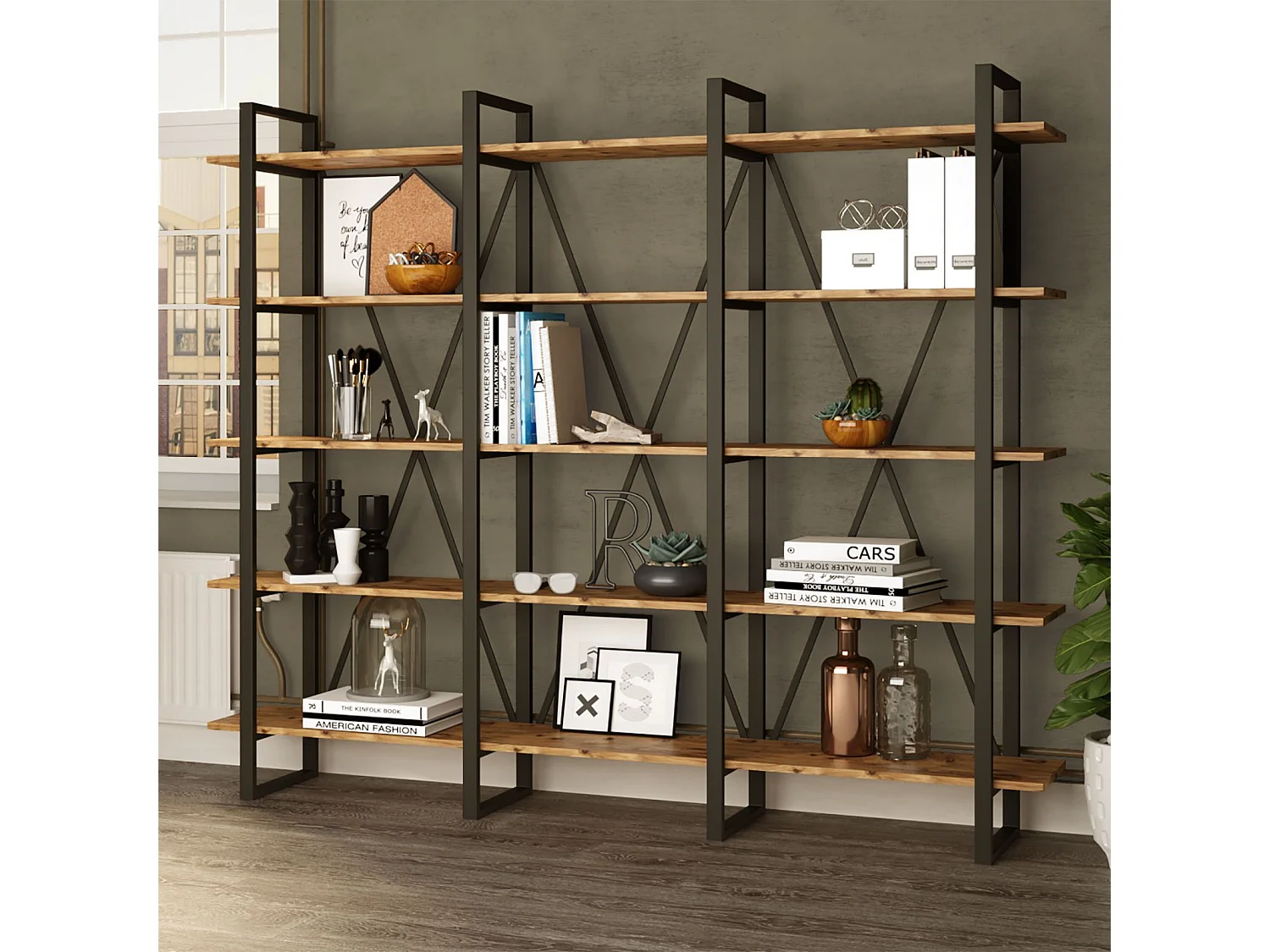 Étagère bibliothèque Marlow H180cm Métal Noir et Chêne clair