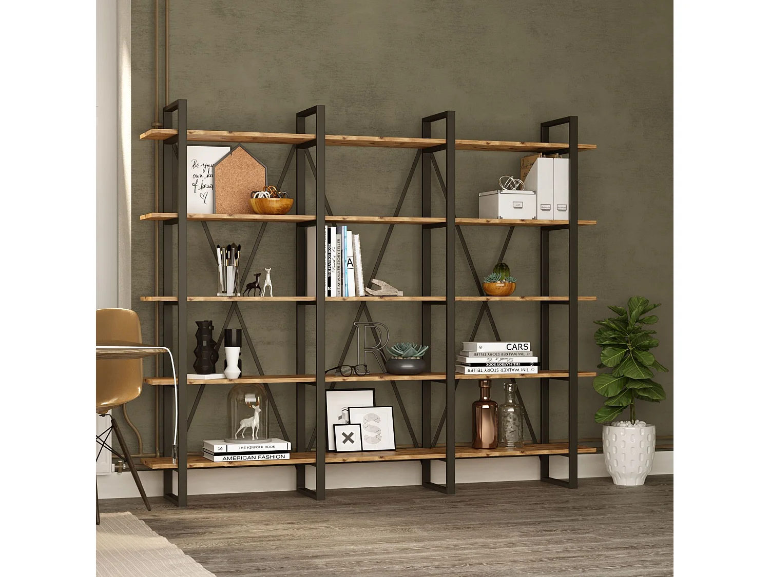 Étagère bibliothèque Marlow H180cm Métal Noir et Chêne clair