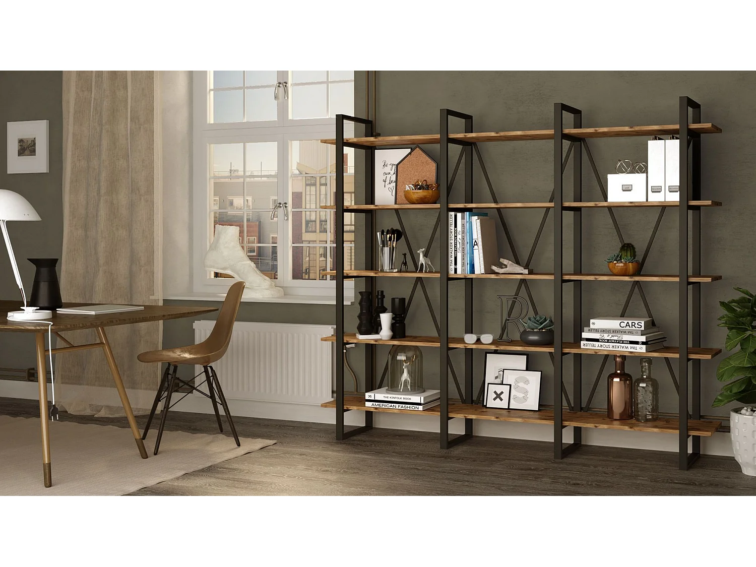 Étagère bibliothèque Marlow H180cm Métal Noir et Chêne clair