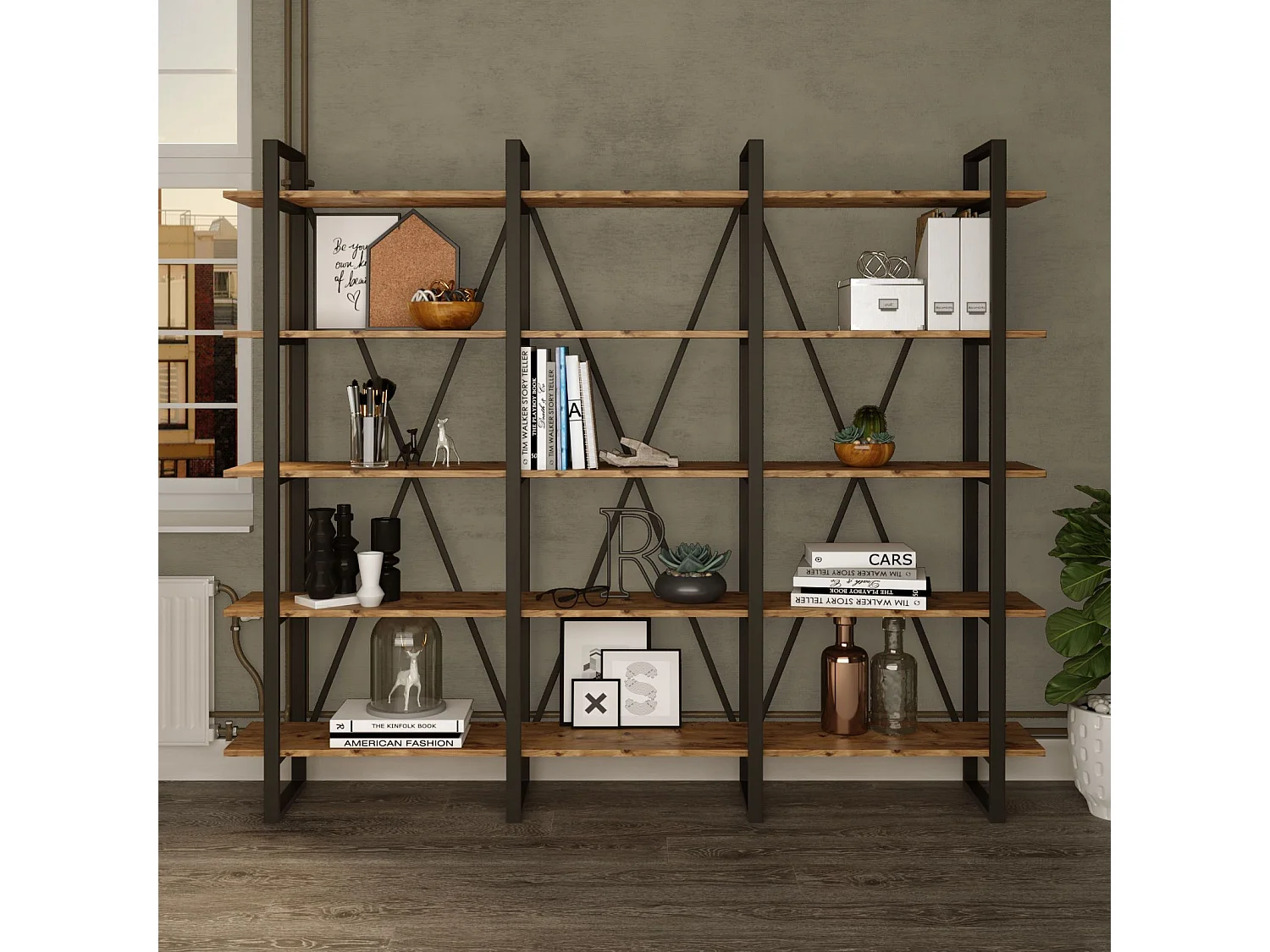 Estante Industrial Moderna – 219,6 x 180 x 34 cm – Pinho Atlântico – Painel de partículas e Metal