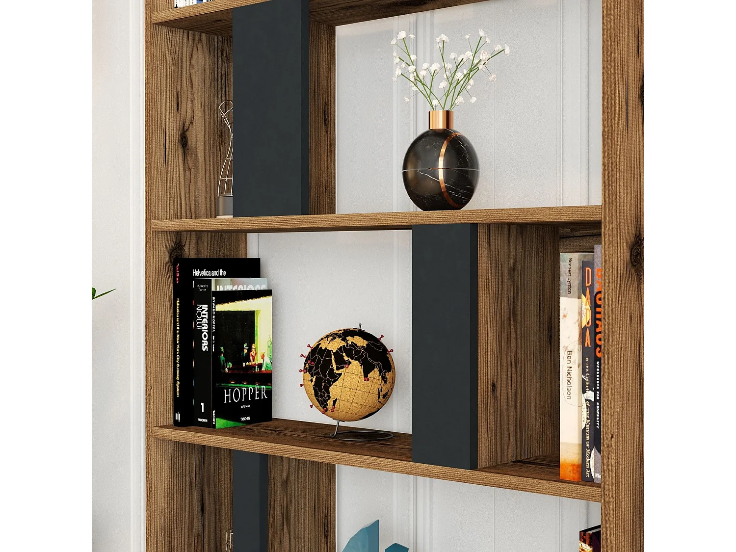 Estante moderna – 90 x 180 x 20 cm – Nogueira e Antracite – MDF revestido de melamina