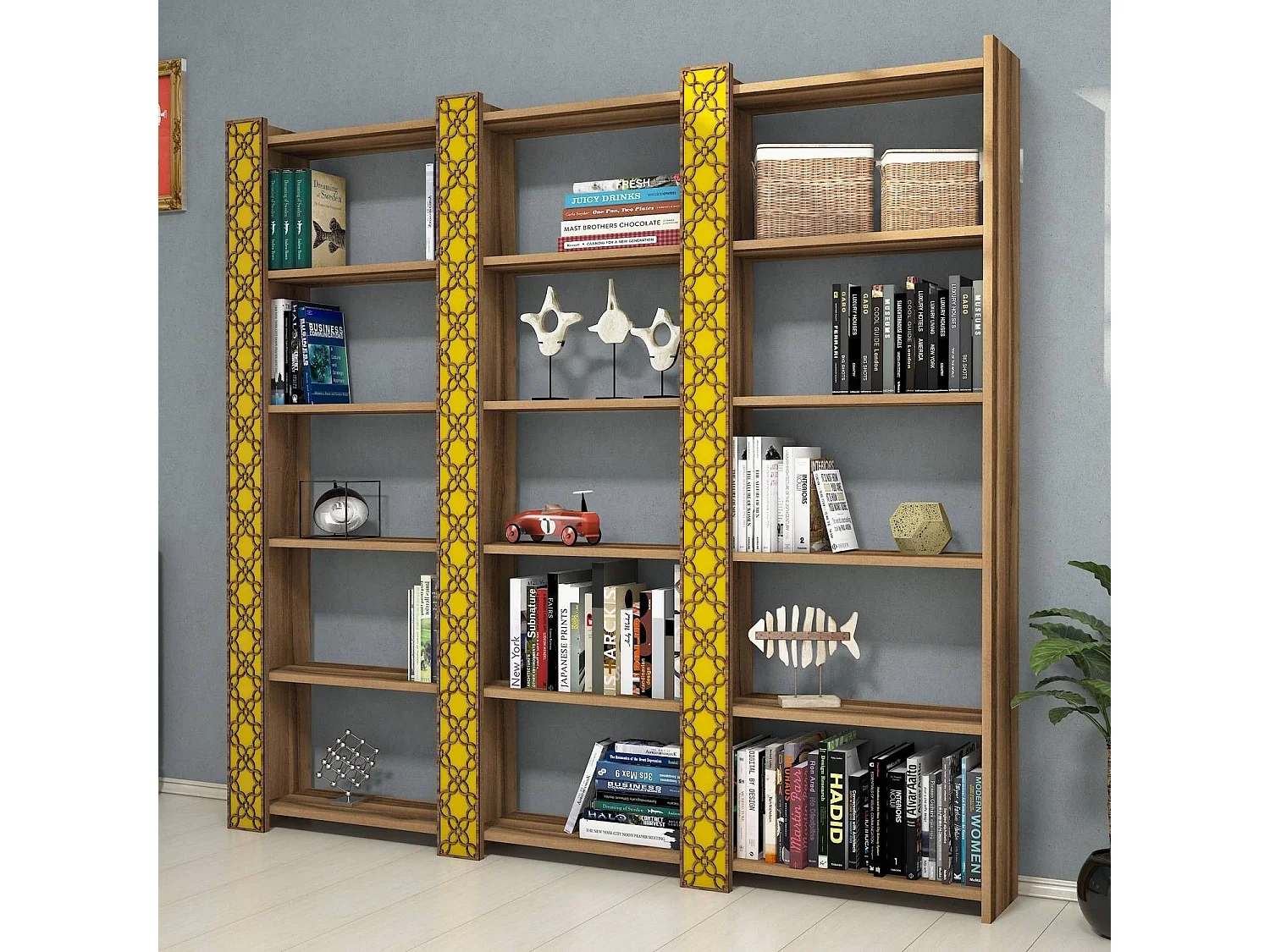 Librería – 184,6 x 170 x 24,2 cm – Nogal y Amarillo – Melamina