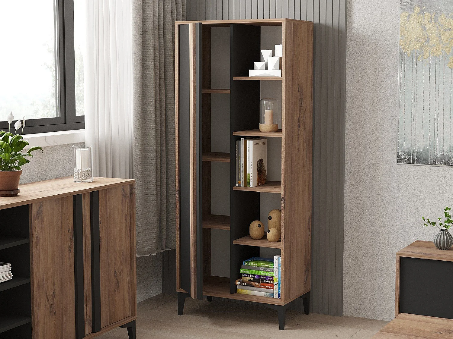 Estante de Livros – 70 cm L x 175 cm A x 30 cm P – Cores Atlântico e Antracite – Painel de Partículas revestido a Melamina