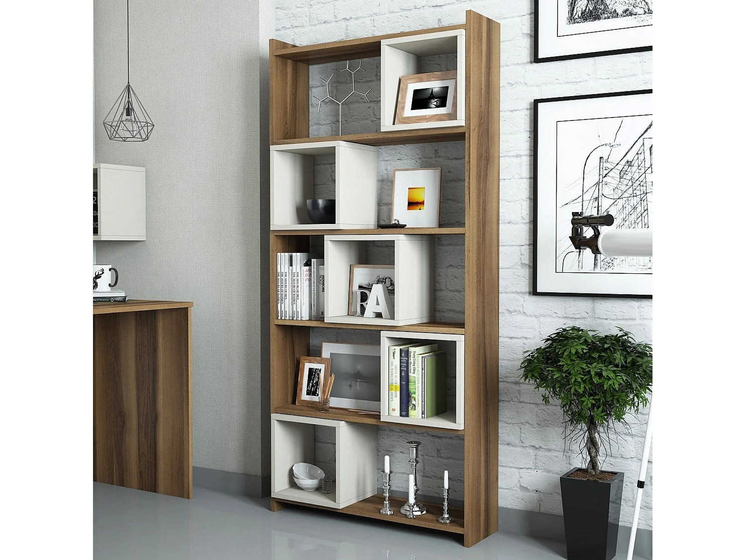 Estante de livros – 80 x 170 x 22 cm – Nogueira e Creme – Painéis de partículas revestidos a melamina