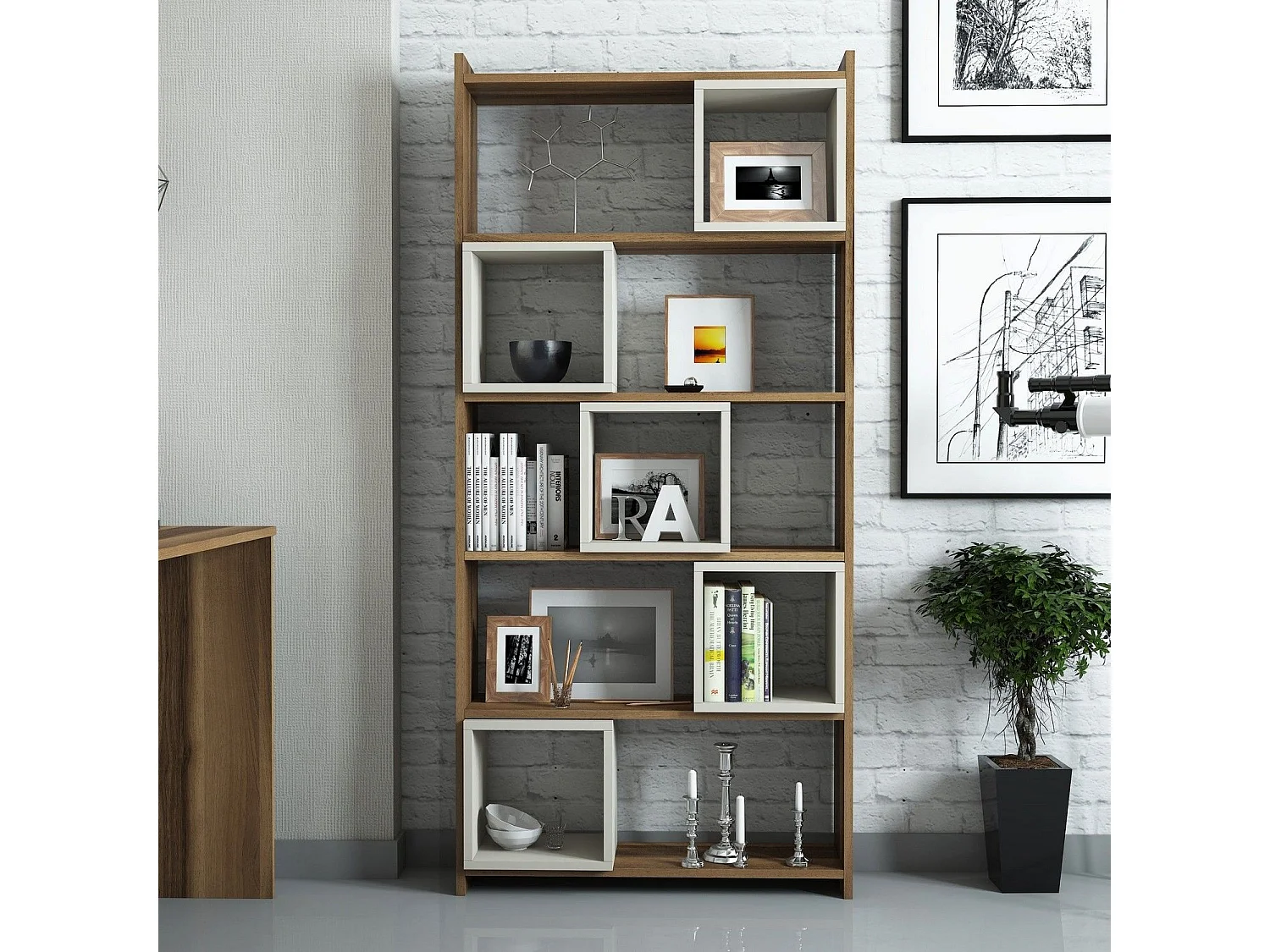 Estante de livros – 80 x 170 x 22 cm – Nogueira e Creme – Painéis de partículas revestidos a melamina