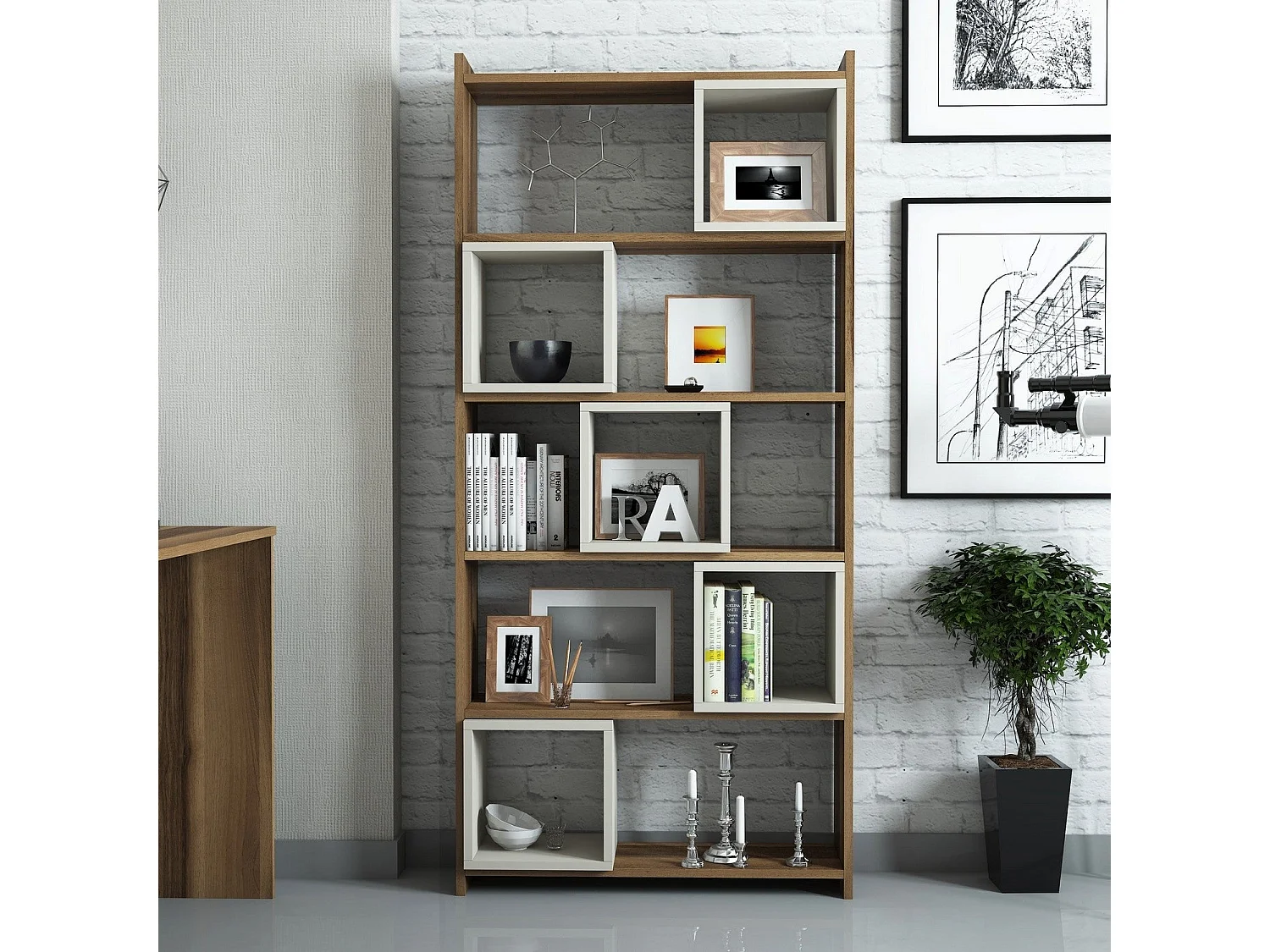 Estante de livros – 80 x 170 x 22 cm – Nogueira e Creme – Painéis de partículas revestidos a melamina