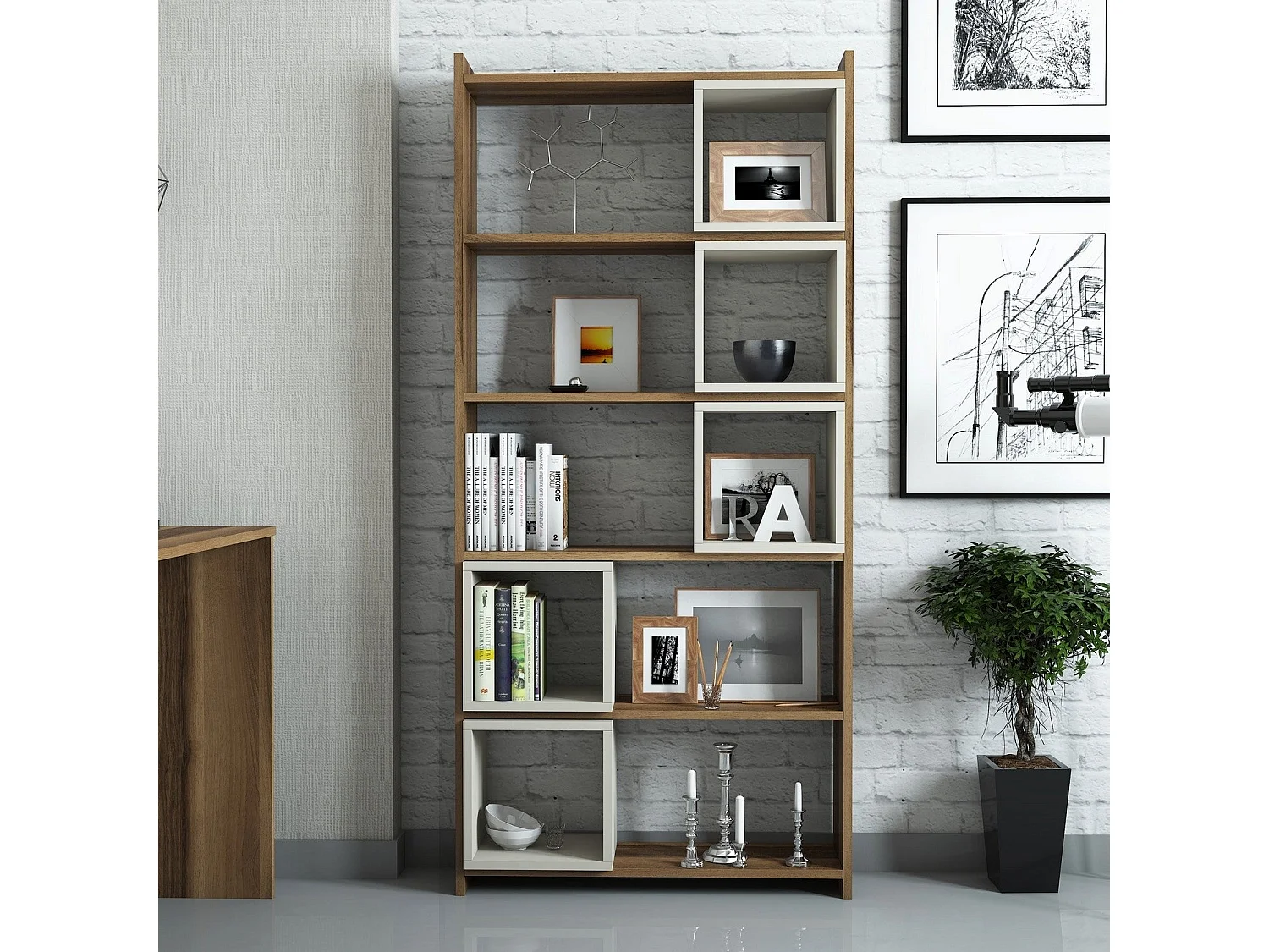 Estante de livros – 80 x 170 x 22 cm – Nogueira e Creme – Painéis de partículas revestidos a melamina