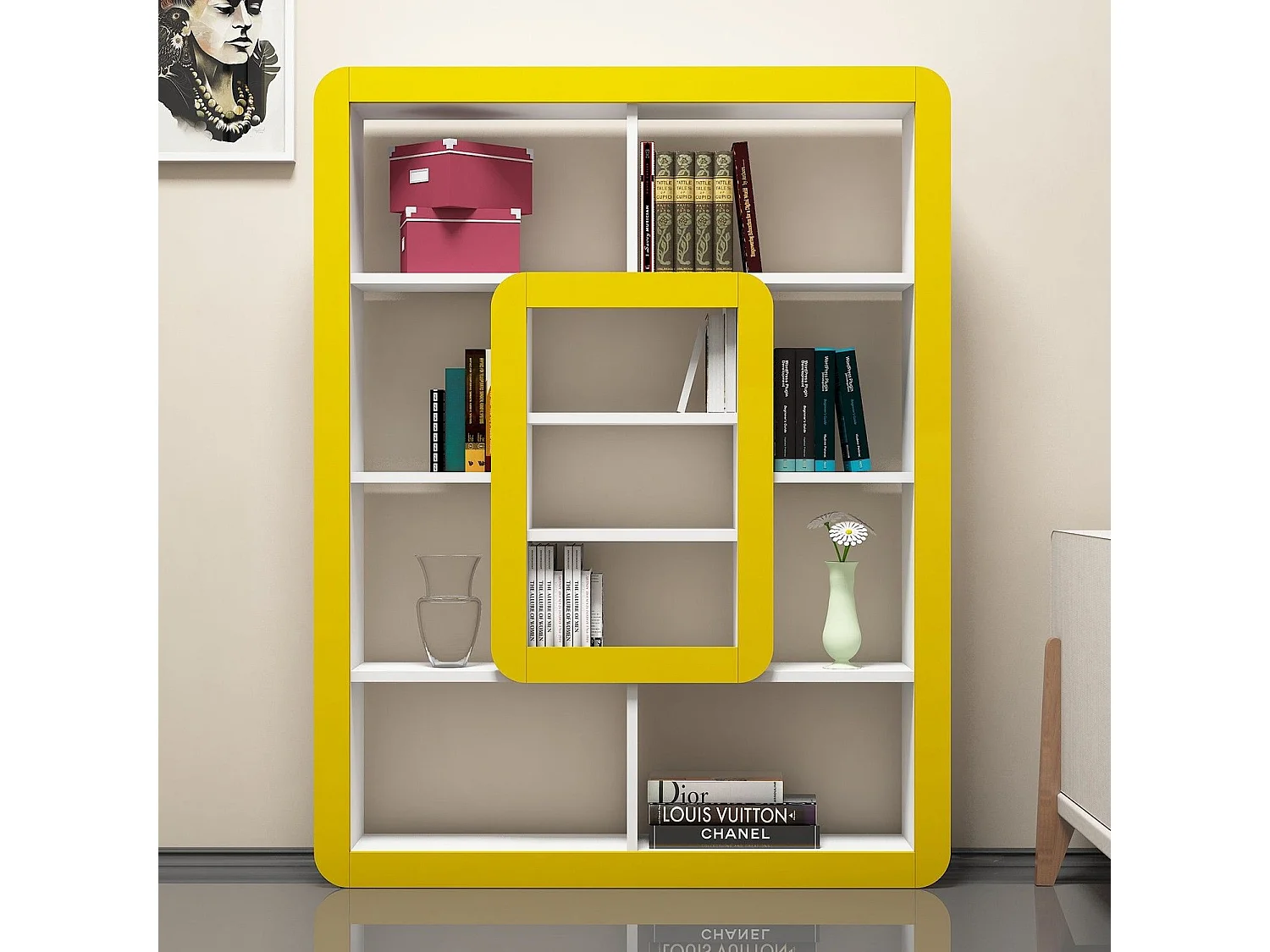 Étagère bibliothèque Infula liseré 140cm Bois Blanc et Jaune