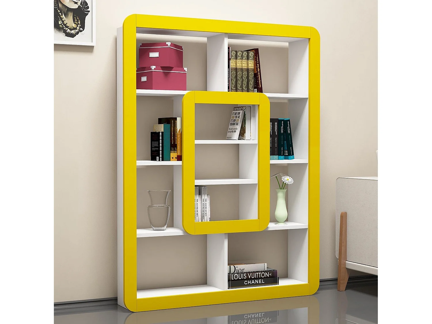 Libreria Bohemian – 108,4 x 140 x 21,8 cm – Bianco e Giallo – Pannello truciolare rivestito in melaminico