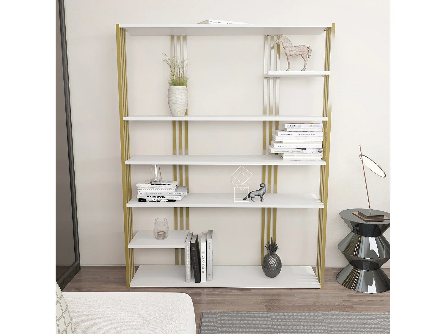 Estante elegante em branco e dourado, 120 x 160 x 29,6 cm | Painel de partículas 100% revestido em melamina, 18 mm de espessura | Armazename