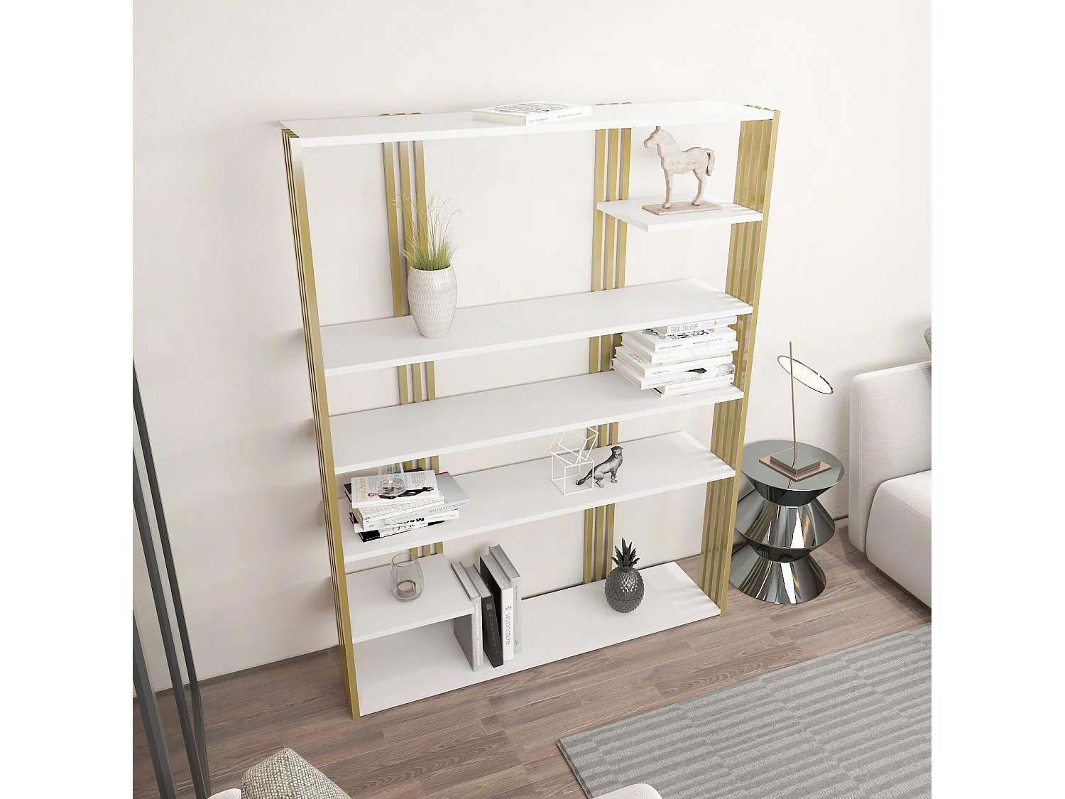Estante elegante em branco e dourado, 120 x 160 x 29,6 cm | Painel de partículas 100% revestido em melamina, 18 mm de espessura | Armazename