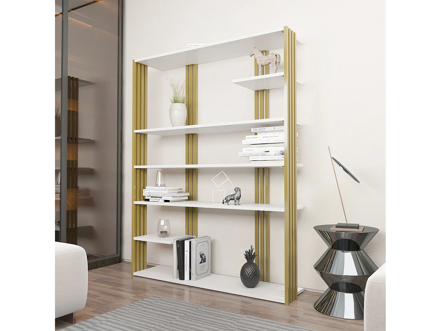 Estante elegante em branco e dourado, 120 x 160 x 29,6 cm | Painel de partículas 100% revestido em melamina, 18 mm de espessura | Armazename