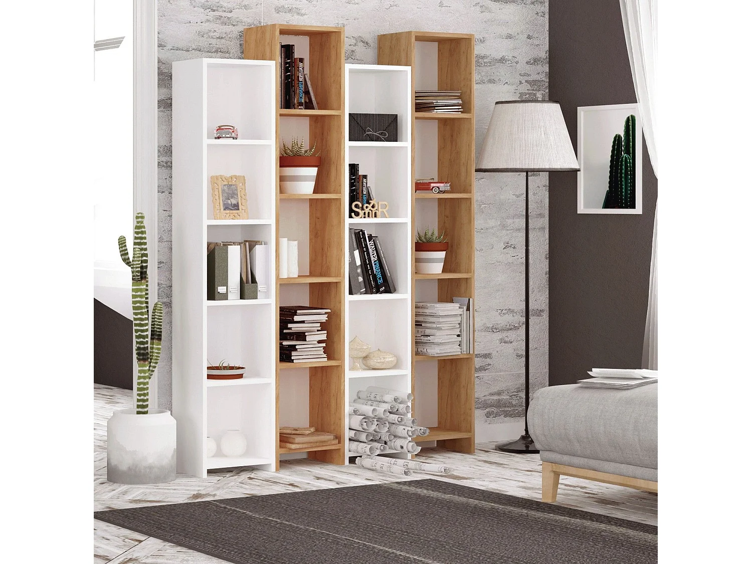 Librería moderna de melamina – 134,4 x 180 x 25 cm – Roble y Blanco