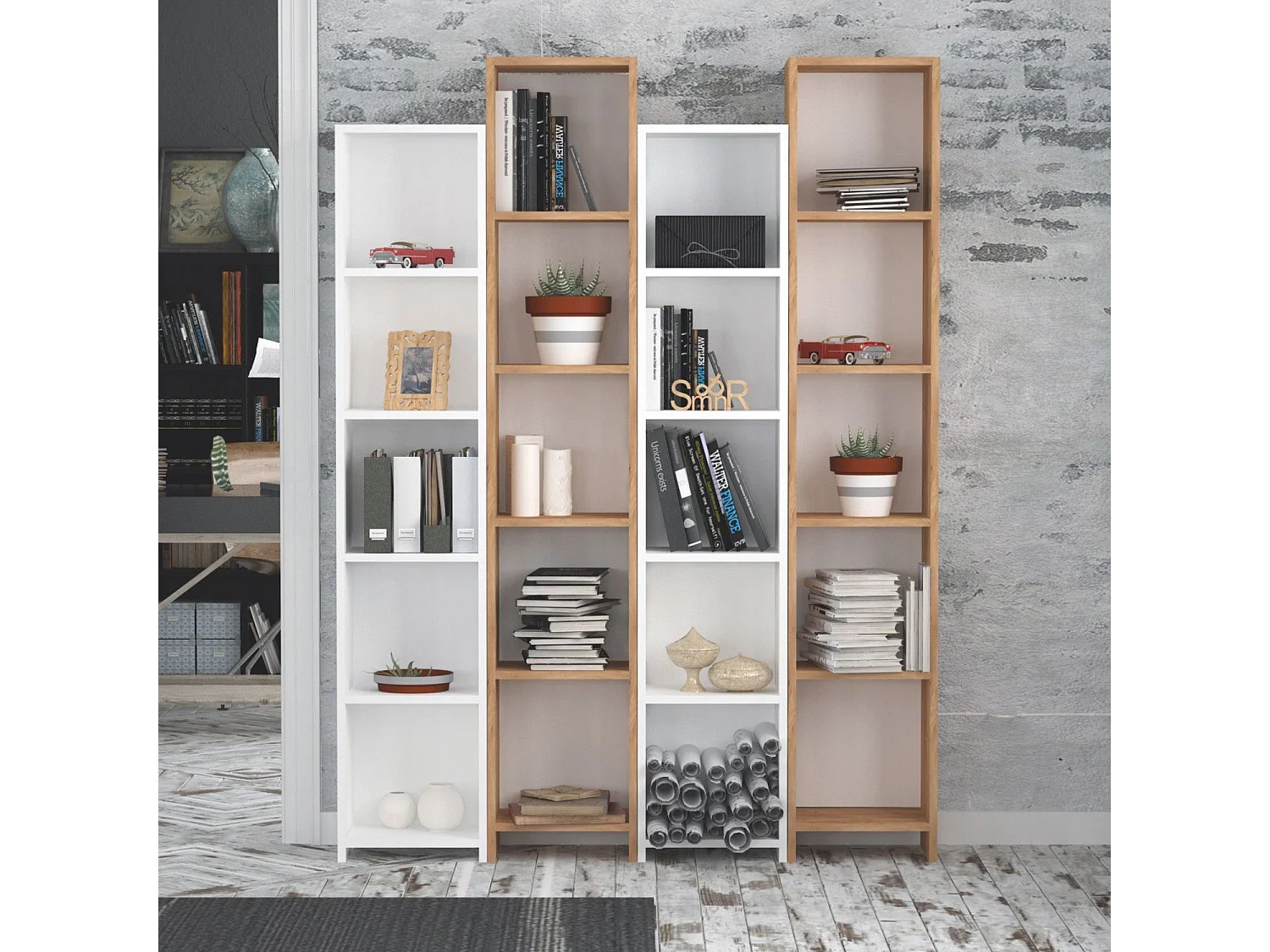 Estante moderna em melamina – 134,4 x 180 x 25 cm – Carvalho e Branco