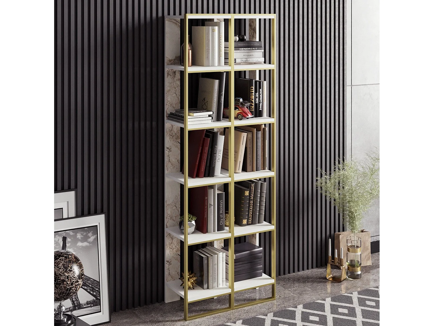 Estante elegante em estilo barroco (2 peças), dourada e branca, 32,2 x 178,5 x 31,3 cm | 100% revestida em melamina, detalhes em metal | Sol