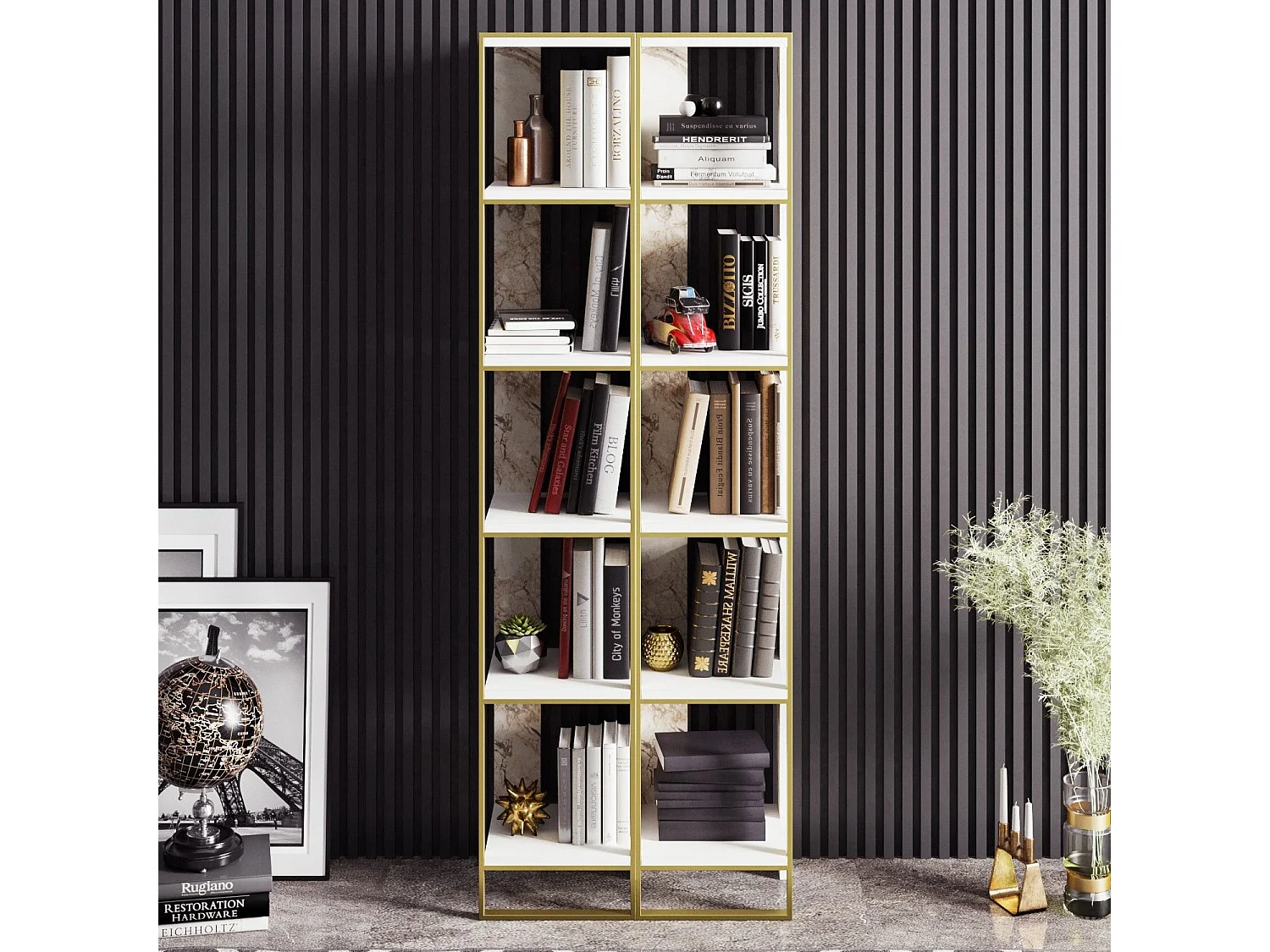 Estante elegante em estilo barroco (2 peças), dourada e branca, 32,2 x 178,5 x 31,3 cm | 100% revestida em melamina, detalhes em metal | Sol