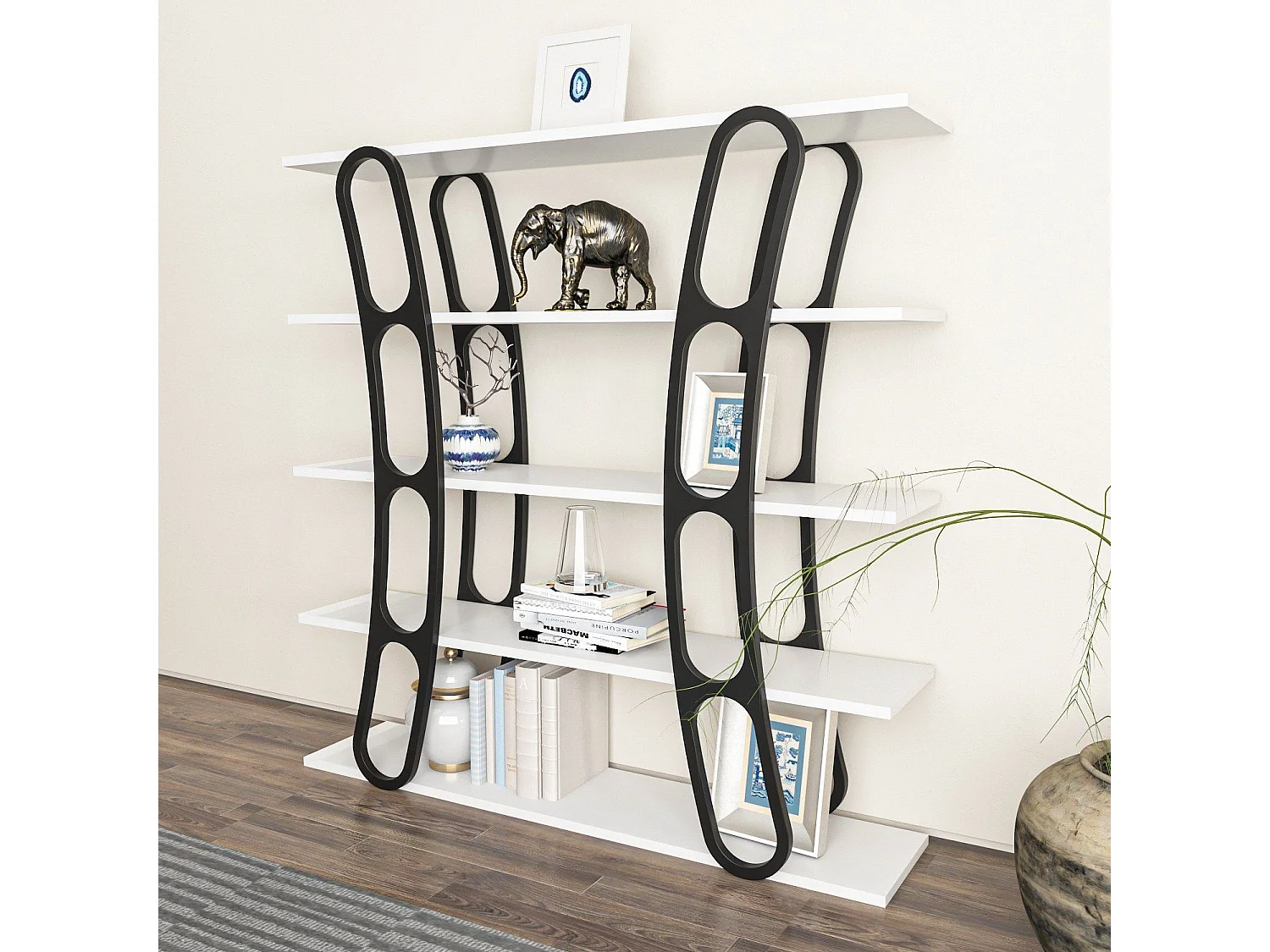 Estante estilosa, 120 x 120 x 25 cm, branca e preta | Painel de partículas 100% revestido em melamina, 18 mm de espessura | Perfeita para de