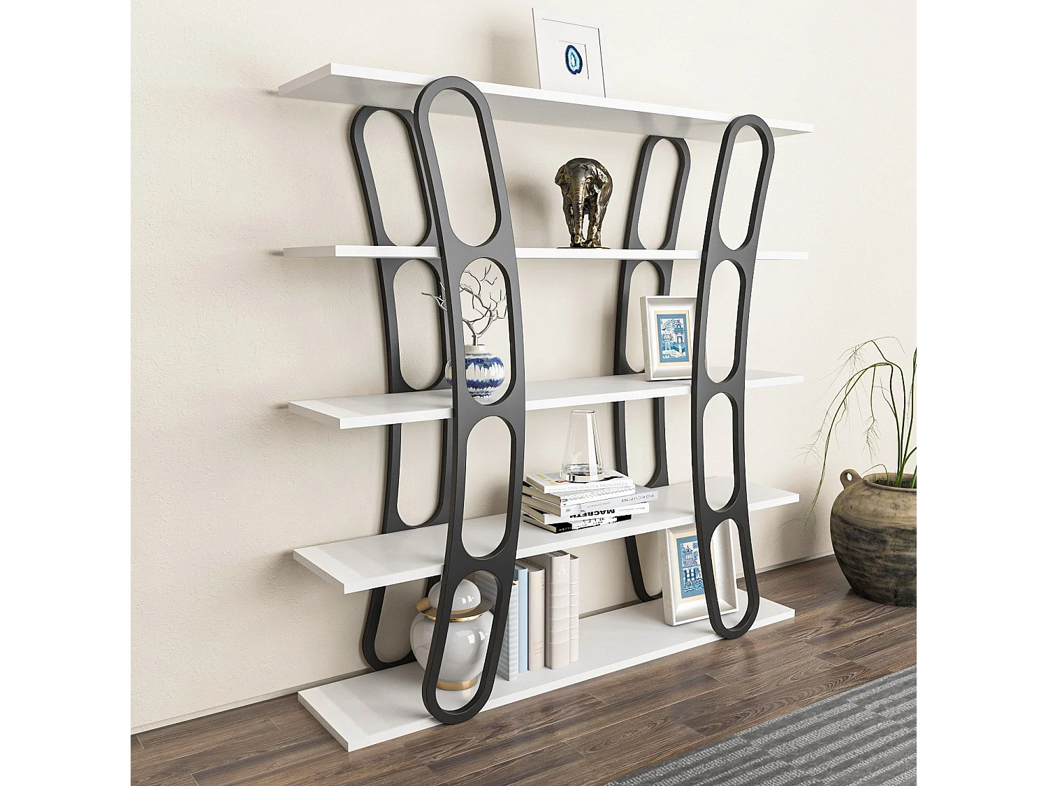 Estante estilosa, 120 x 120 x 25 cm, branca e preta | Painel de partículas 100% revestido em melamina, 18 mm de espessura | Perfeita para de