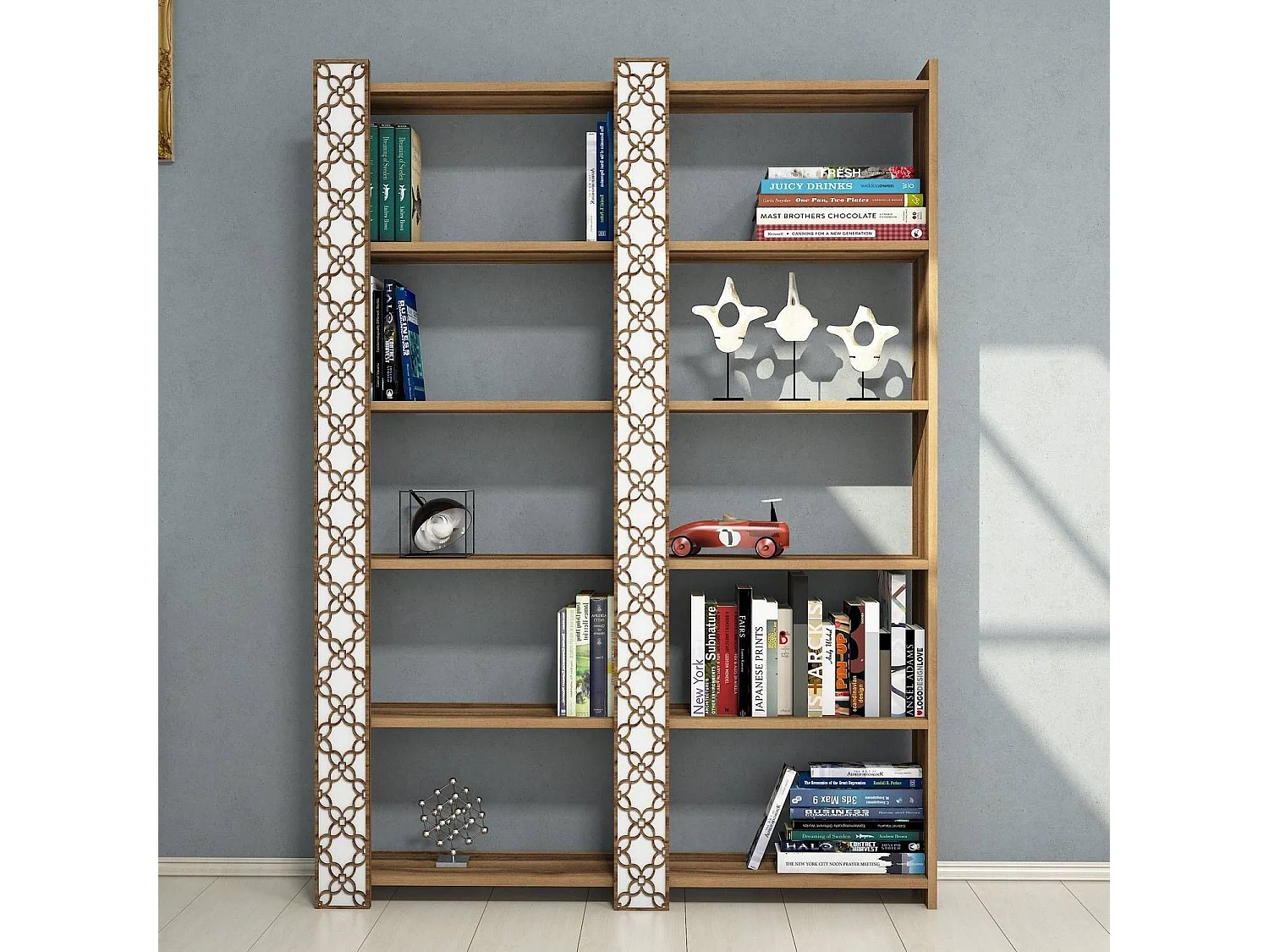 Moderne boekenkast – 124,6 x 170 x 24,2 cm – Notenhout en wit – melamine gecoate spaanplaat