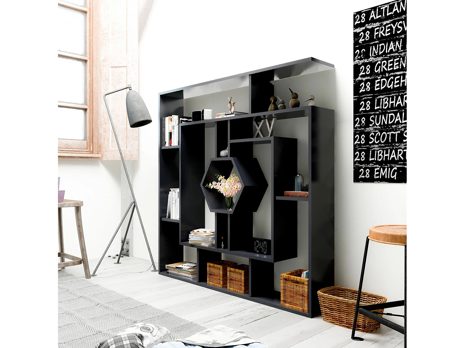 Estante preta moderna, 134 x 134 x 22 cm | Painel de partículas 100% revestido em melamina, 18 mm de espessura | Solução de armazenamento el