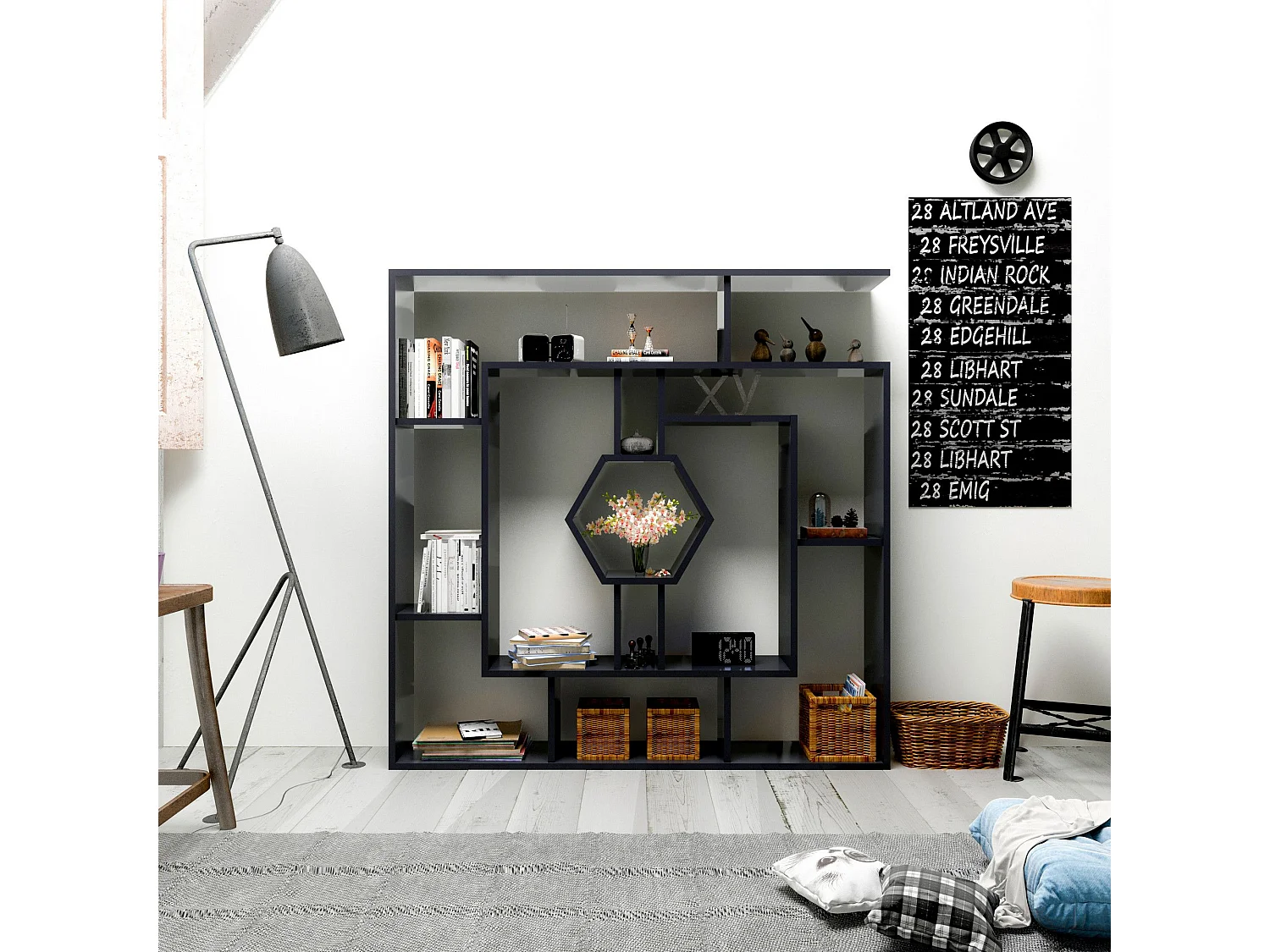 Estante preta moderna, 134 x 134 x 22 cm | Painel de partículas 100% revestido em melamina, 18 mm de espessura | Solução de armazenamento el