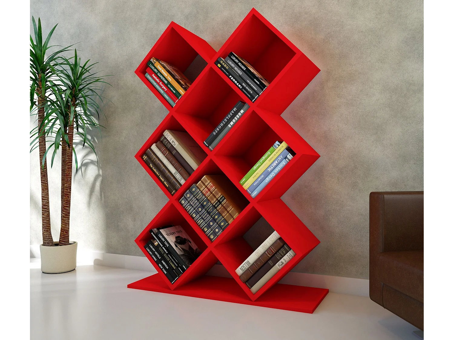 Estantería Kailua 770, Abierto, Aglomerado laminado, 129x90x20cm, Rojo