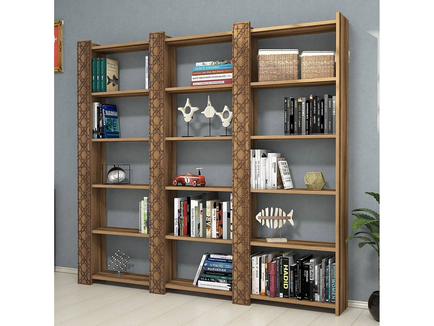 Librería moderna de melamina – 184,6 cm x 170 cm x 24,2 cm – color nogal