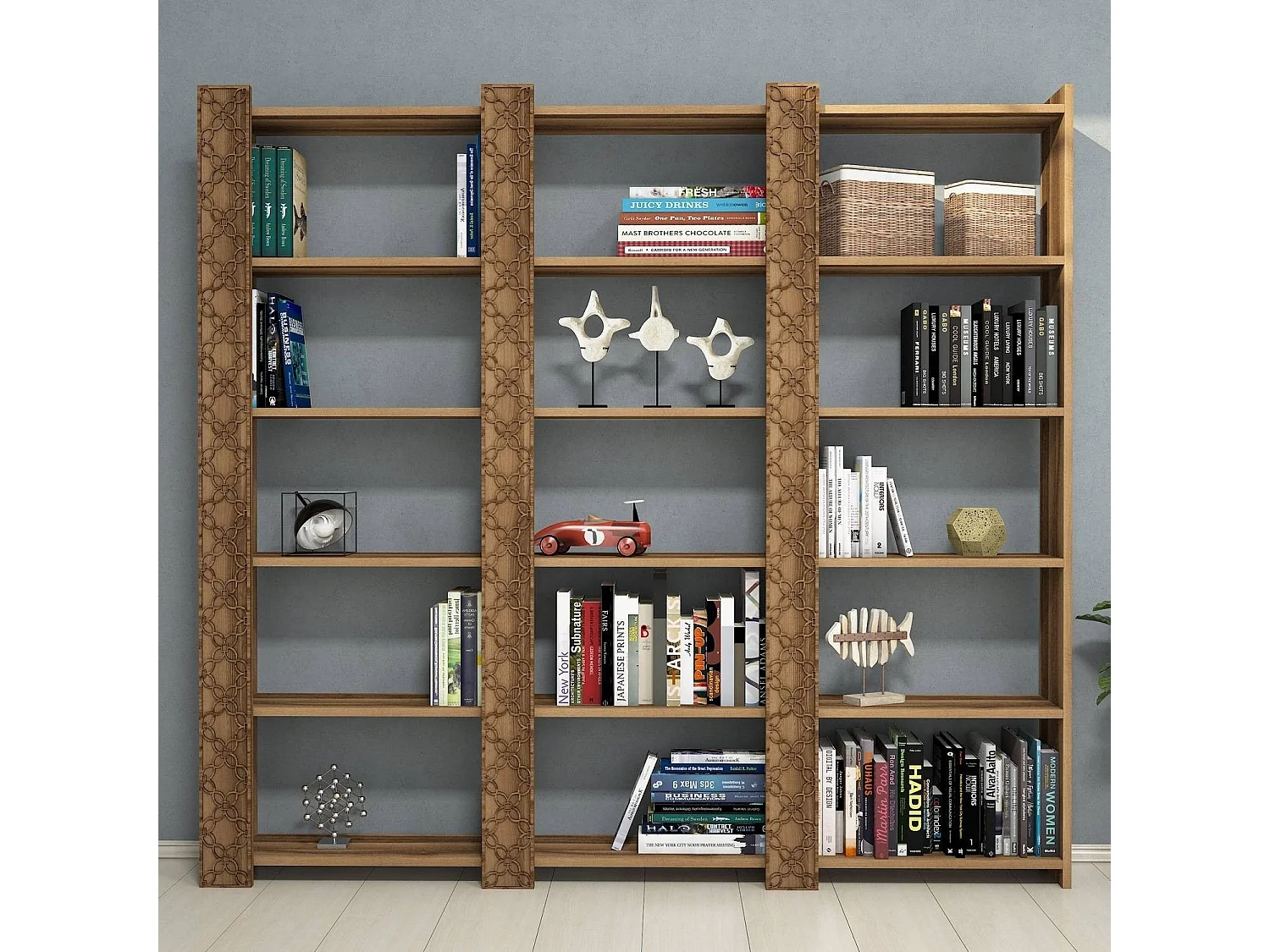 Librería moderna de melamina – 184,6 cm x 170 cm x 24,2 cm – color nogal