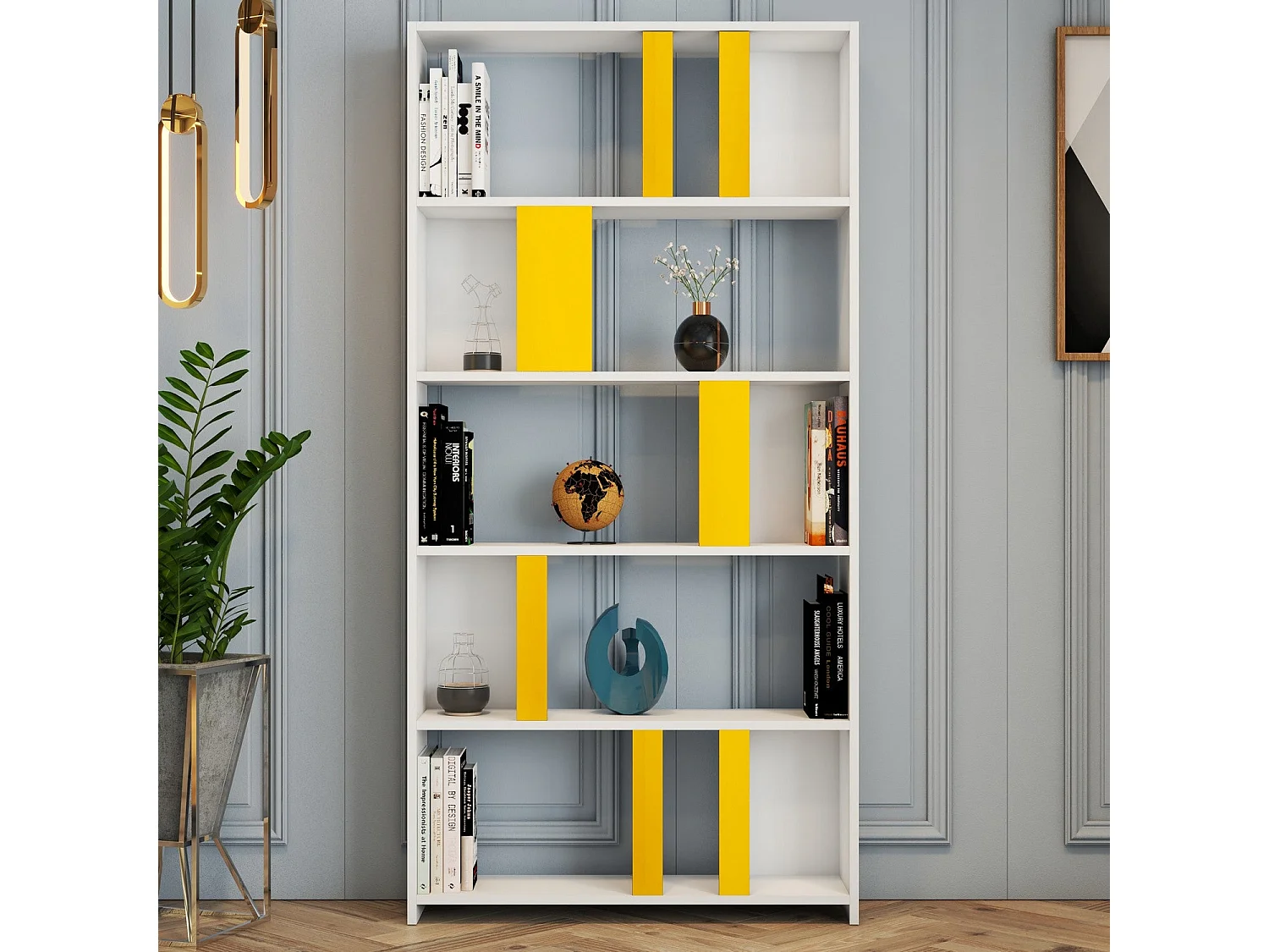 Estantería Bohemia – 90 x 180 x 20 cm – Blanco y Amarillo – Tablero de Partículas