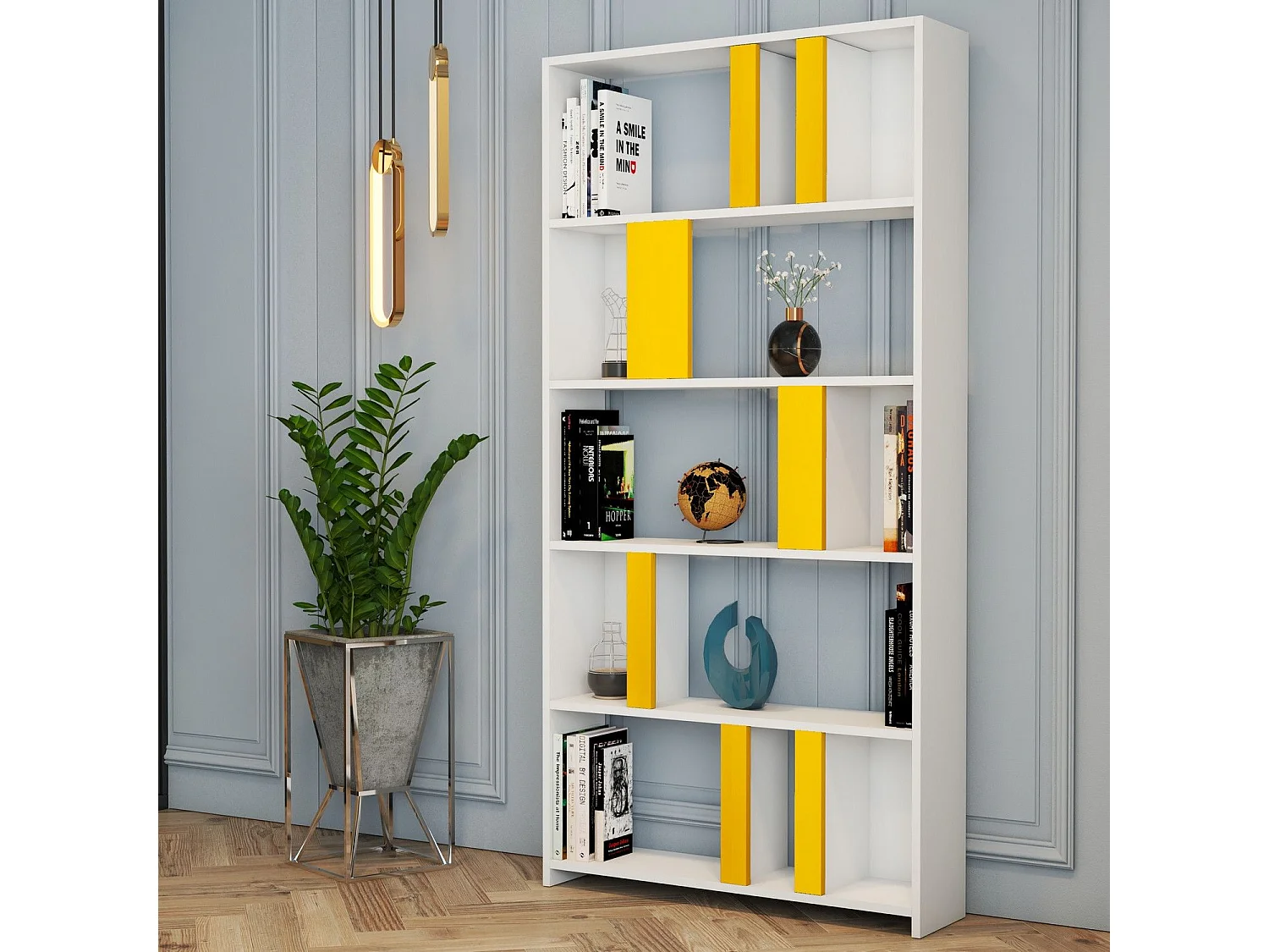 Bibliothèque Respenda 90x180cm Bois Blanc et Jaune